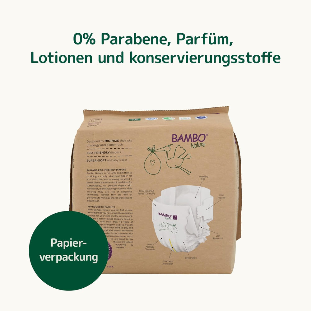 Pannolini per bambini Bambo Nature, taglia 1 (2-4 kg), confezione mensile da 132 pezzi | Pannolini Premium con protezione dalle perdite migliorata | Massimo comfort e libertà per i neonati | Pannolini dermatologicamente testati