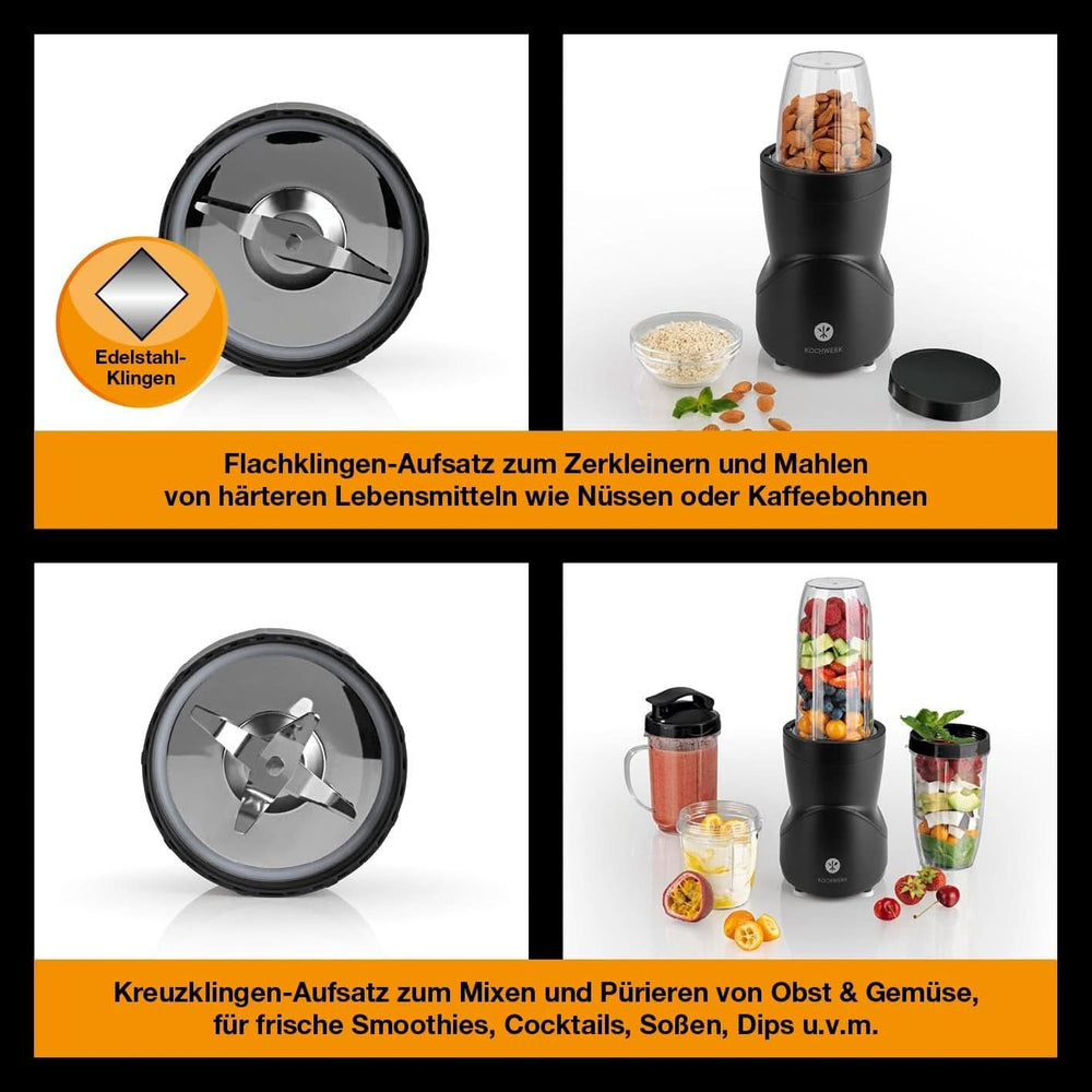 Macchina per frullati 12-Tlg | To-Go Deckel & 4 Mixbehälter | Per Obst, Gemüse & Nüsse | Funzione Myth Ice-Crush | Mini robot da cucina Zum Mixen, Rühren, Zerkleinern, Mahlen, Hacken & Pürieren | Negozio Naty per cucine senza BPA