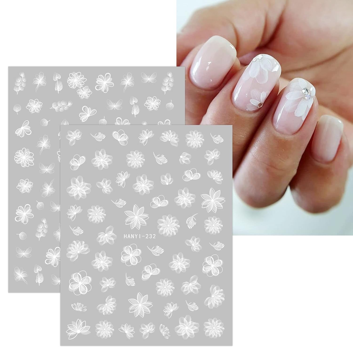 JMEOWIO Nagelsticker Frühlings Weiß Blume 12 Blatt Nail Art Sticker Selbstklebend Nagelaufkleber Sommer Schmetterling Blumen Blatt Dekoration Nageldesign Zubehör