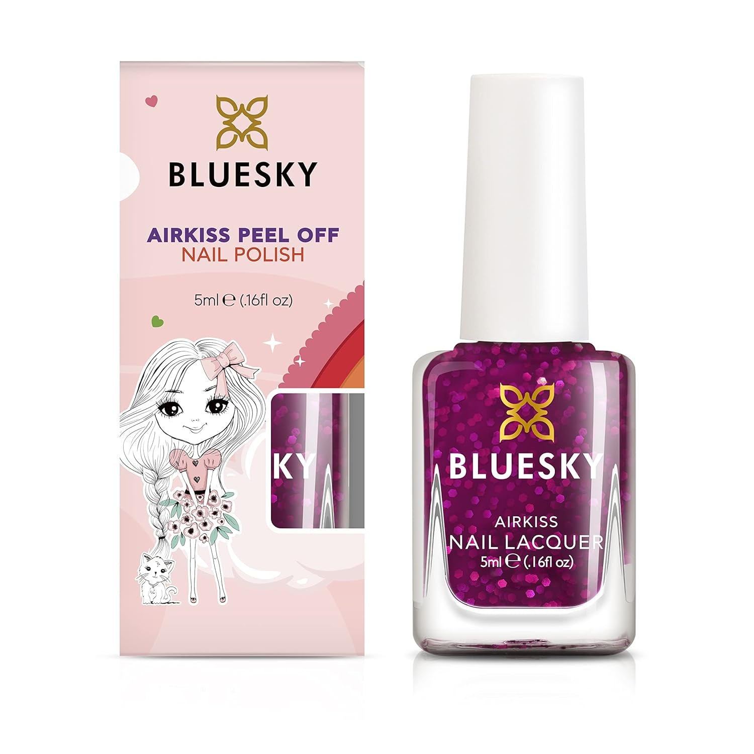 Smalto per bambini Bluesky - All Glitter, rosa. Smalto per unghie per bambini, non tossico, facile da rimuovere, a base d'acqua, non scivoloso, 5 ml