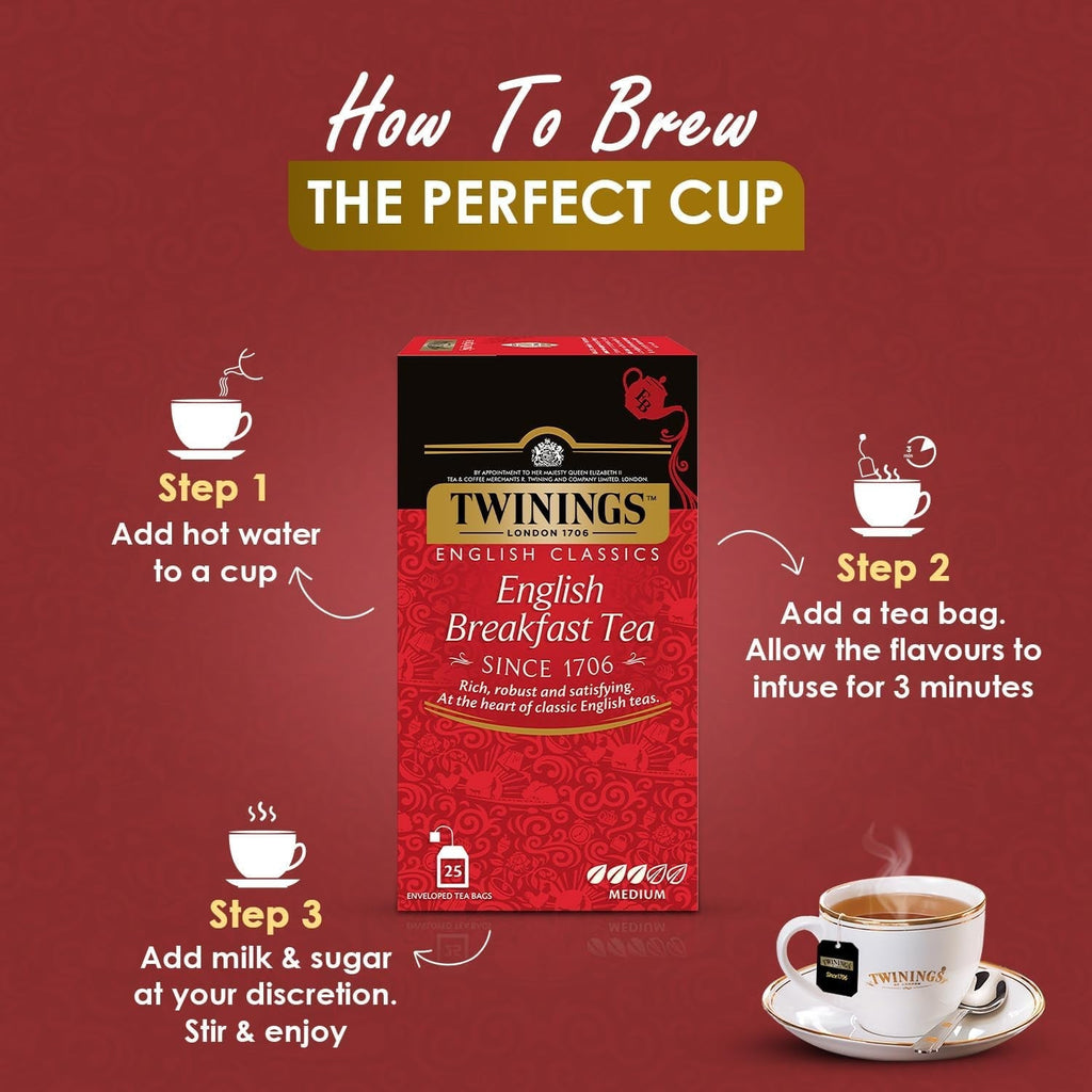 Twinings English Breakfast Ceai negru 50 g, 25 pliculețe de ceai, ceai negru plin, rotund și puternic din cele mai bune plantații de ceai din Sri Lanka și India. Ceai negru Pachet de 1 (1 x 50 g)