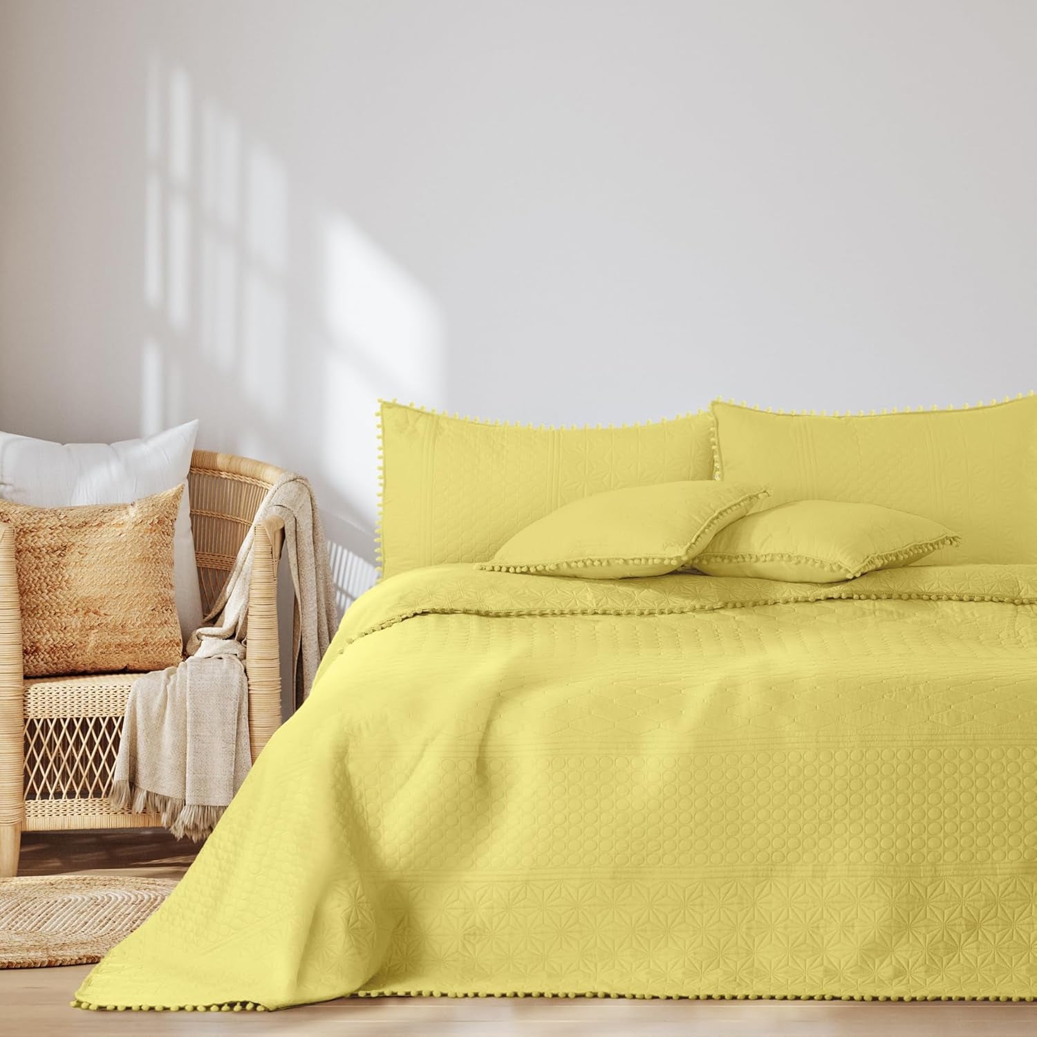 Ameliahome Copriletto con pompon 220X240 Cm Copriletto double face Trapuntatura ad ultrasuoni Poliestere Meadore Grigio Letti e coperte Besuche den AmeliaHome-Store Meadore giallo 220X240 Cm