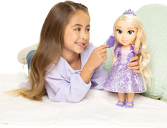 Păpușă Disney Prințesa Rapunzel 35 cm, ochi reflectorizanți cu sclipici, articulații mobile, rochie detașabilă, pantofi, coroană, păr lung și blond, pentru fete cu vârsta de 3 ani și peste