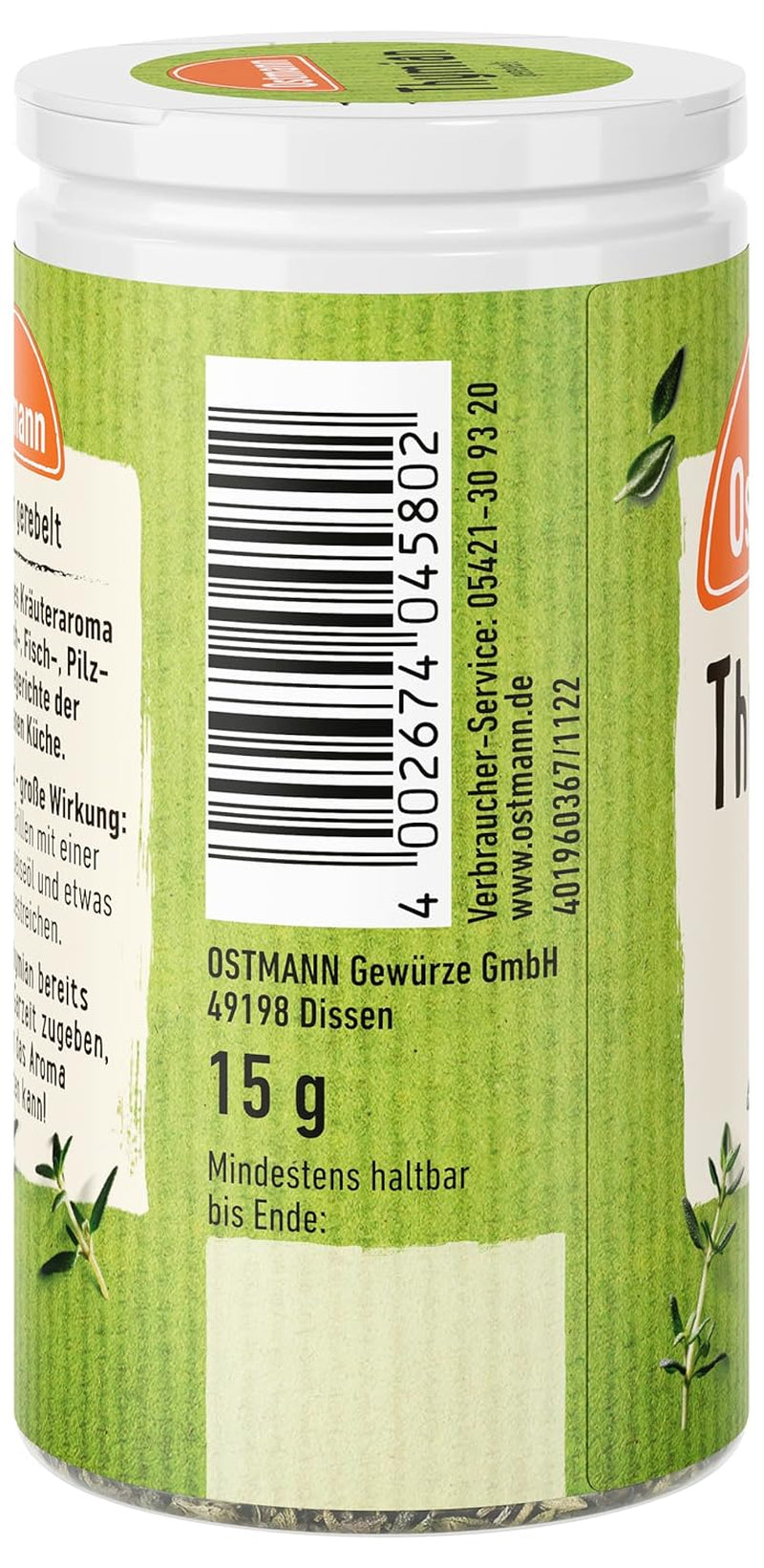 Ostmann Thyme gerebelt 15 g Thyme-Gewürz für viele Fleisch-, Fisch-, Pilz-, und Gemüsegerichte der Mediterranen Küche, Quantità: 1 Stück