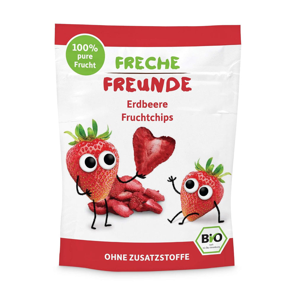 Patatine di frutta biologica "100% Fragola" Patatine di frutta alla fragola liofilizzata (12 x 12 g) e nuove frittelle croccanti di mais e carote biologiche, snack biologico, da 1 anno, (9 x 30 g) 270 g