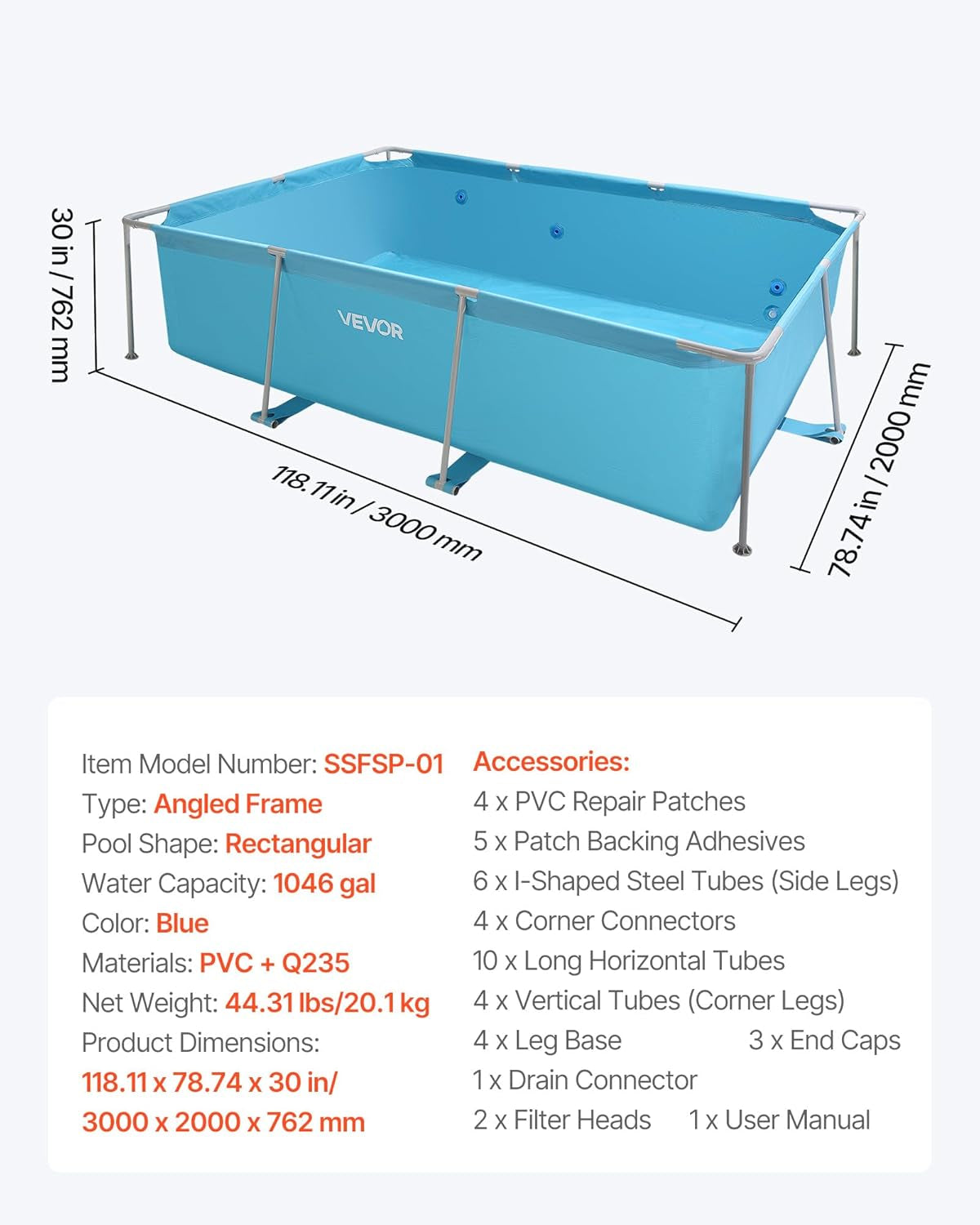VEVOR Piscina con telaio Piscina fuori terra 3000x2000x762mm Piscina con telaio in acciaio Piscina rettangolare con telaio in acciaio Piscina da giardino Capacità d'acqua 3960L Piscina da giardino per 4-5 persone Blu