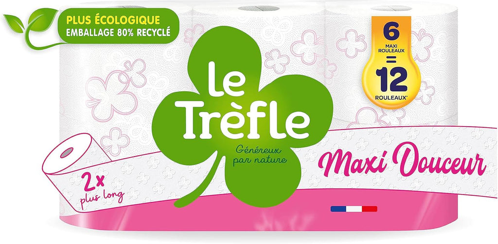 Hârtie igienică Maxi Douceur - 36 de role maxi - 72 de role clasice - grosime dublă - ambalaj din plastic reciclat 80%