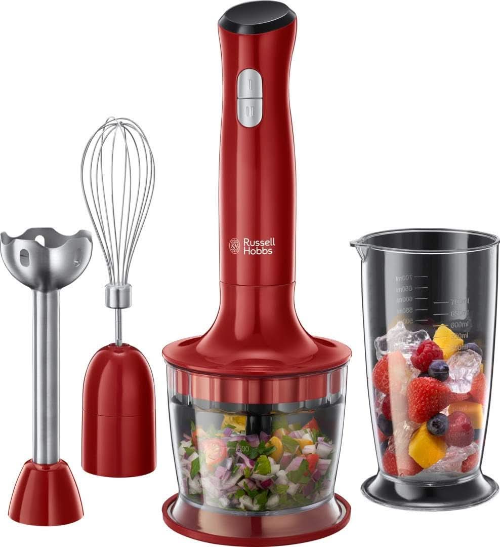 Russell Hobbs Robot da cucina [3-In-1: Pürierstab/Zerkleinerer, Mixer- & Schneebesenaufsatz] Desire Rot (senza Bpa e spülmaschinenfestes Zubehör, Für Smoothie, Suppen Saucen, Joghurt Babynahrung) 24700-56 Kitchen Naty Shop Rot Mittel