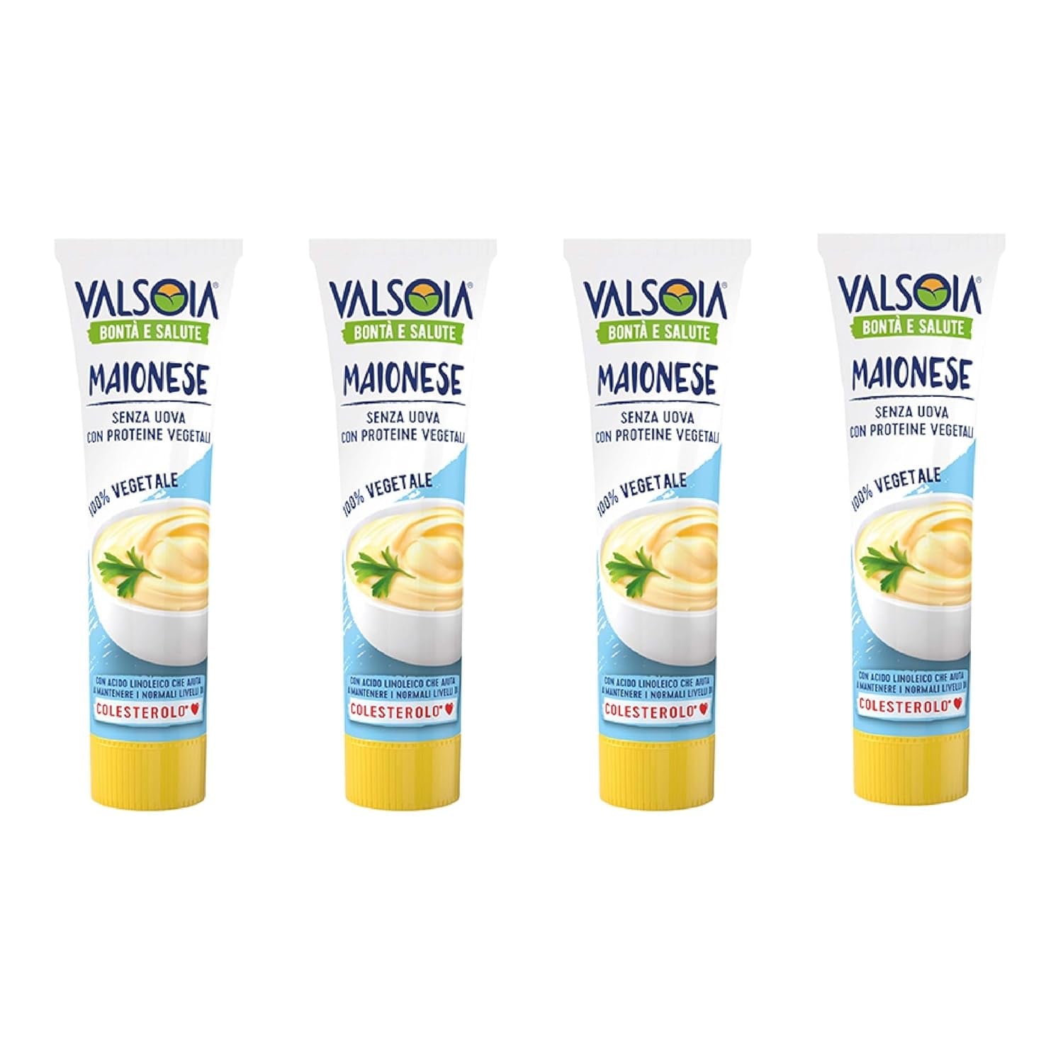 Maionese a base vegetale di soia senza uova, ideale per vegani e vegetariani, versatile in cucina, 4 x 150 ml