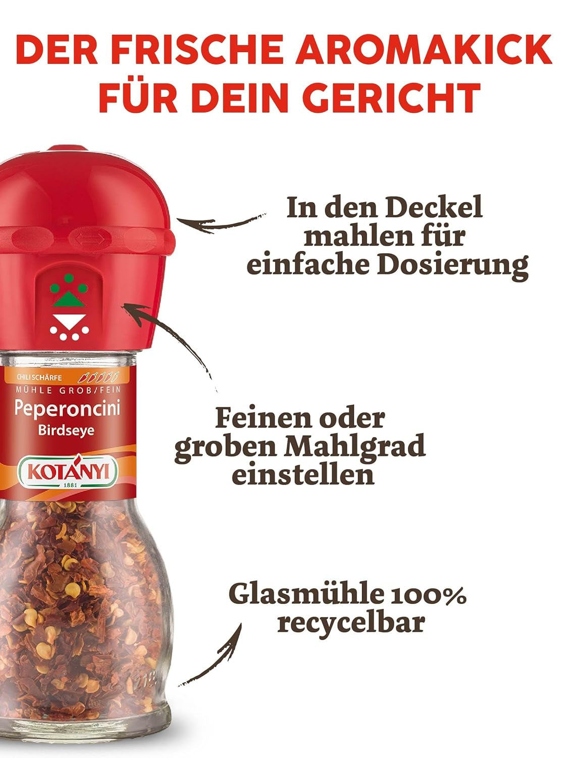 KOTÁNYI Chili Birdseye Pepperoncini Mühle, scharf zum frischen Mahlen, confezione 1 (1 x 27g)
