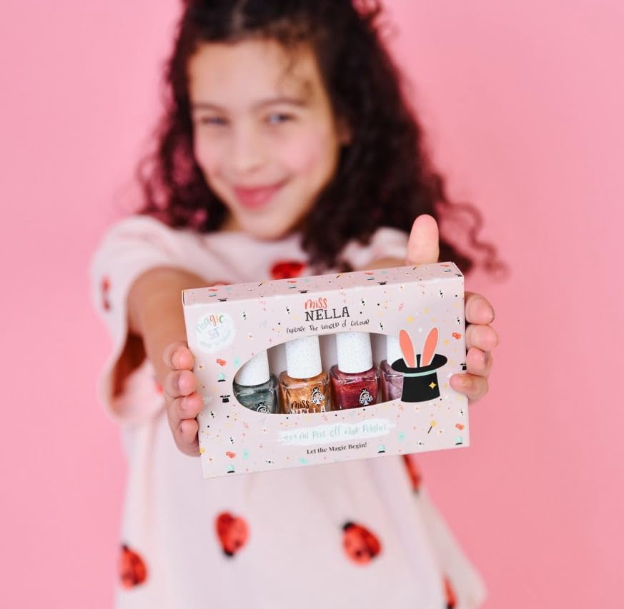 Set di smalti glitterati da 4 pezzi della collezione Miss Nella Magic: rosa, rosso, oro e blu, smalto rimovibile speciale per bambini, non tossico, a base d'acqua, inodore