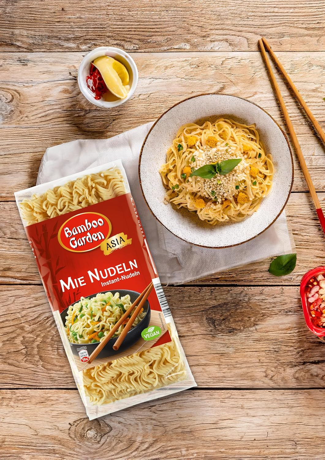 Giardino di bambù - Mie Noodles | Noodles istantanei per la cucina asiatica | Ideale per piatti wok o zuppe Vegani | Busta da 250 g