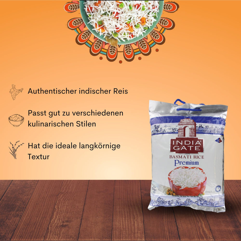 INDIA GATE Riso Basmati Premium – Riso fine a grana lunga, aromatico proveniente dall'India, a grana lunga fine (1 x 5 kg)