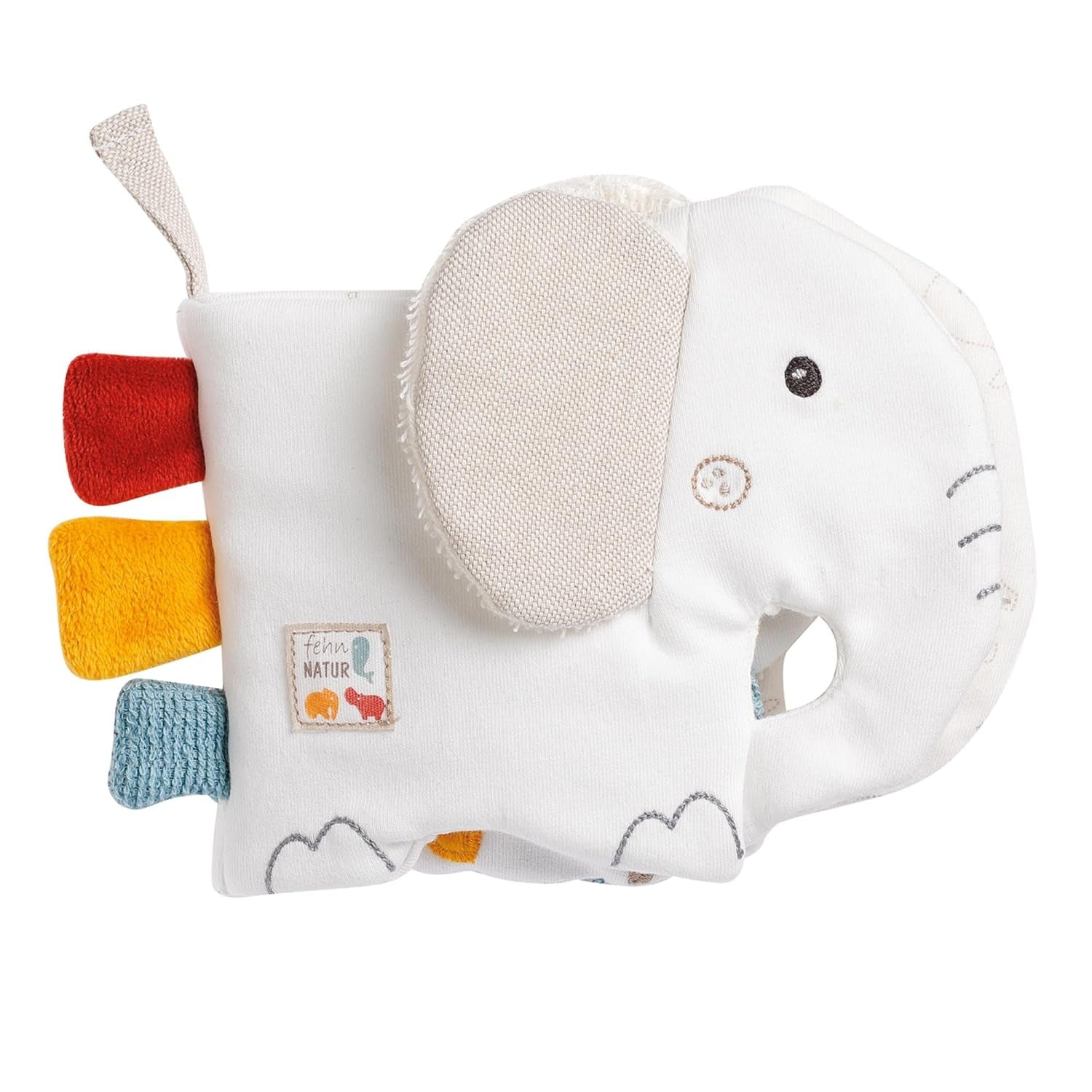 Fehn Soft picture book Bruno - carte moale pentru bebeluși din țesătură cu motive de animale - carte jucărie din țesătură de agățat pentru cărucioare și scaune auto pentru bebeluși - carte cu pocnitori pentru bebeluși și copii de la 0+ luni Jucarii Bebe Naty Shop Elefant natură