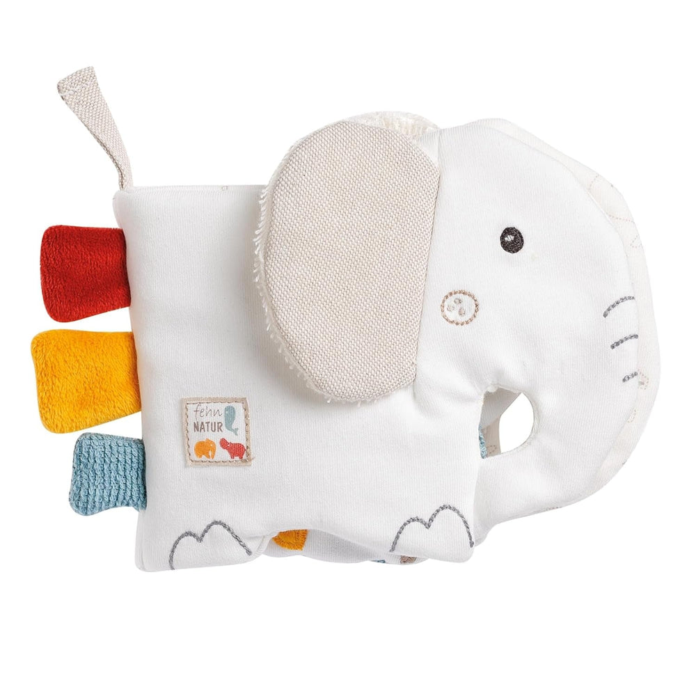 Fehn Soft picture book Bruno - carte moale pentru bebeluși din țesătură cu motive de animale - carte jucărie din țesătură de agățat pentru cărucioare și scaune auto pentru bebeluși - carte cu pocnitori pentru bebeluși și copii de la 0+ luni Jucarii Bebe Naty Shop Elefant natură
