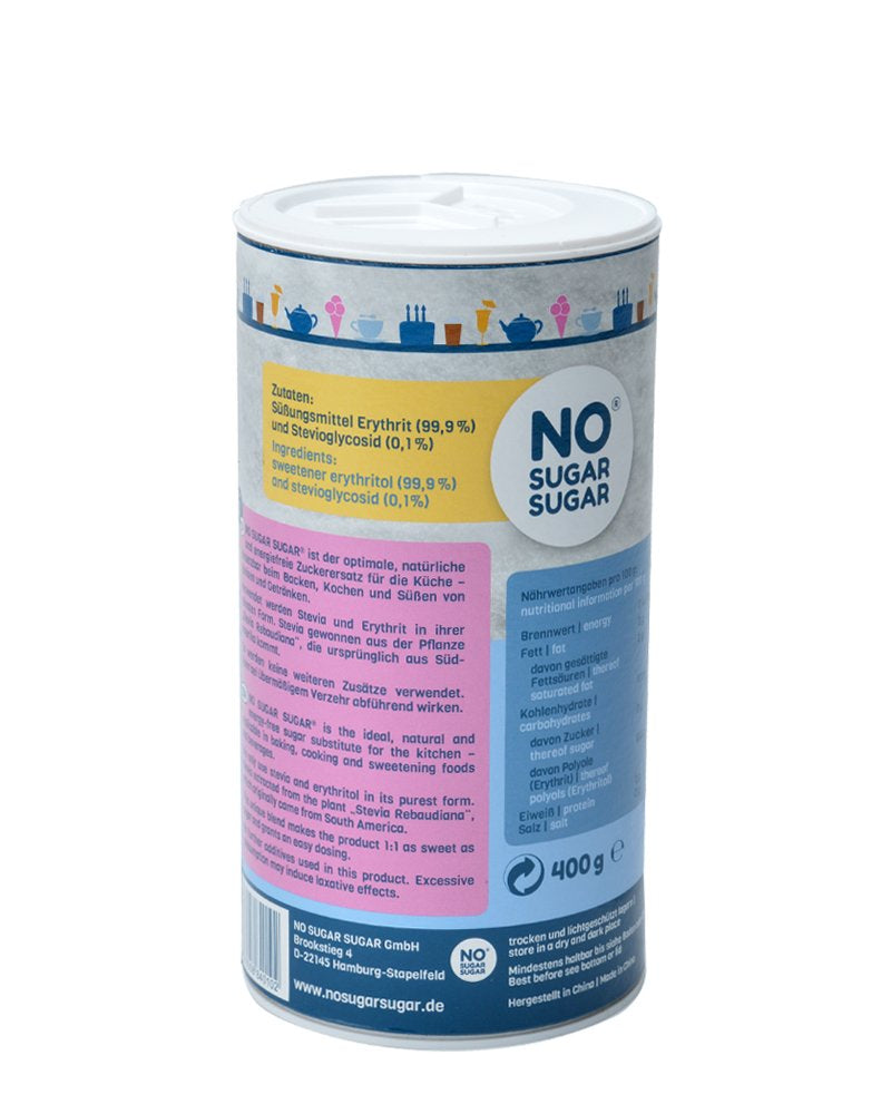 NO SUGAR SUGAR 400 G Erythrit + Stevia Vegan, 100% Zucker- & Kalorienfreier Zuckerersatz, Zahnfreundlich 1:1 Süße Gegenüber Zucker, Gesunde Alternative Ohne Eigengeschmack Zum Kochen, Backen, Süßen Dolcificanti Naty Shop