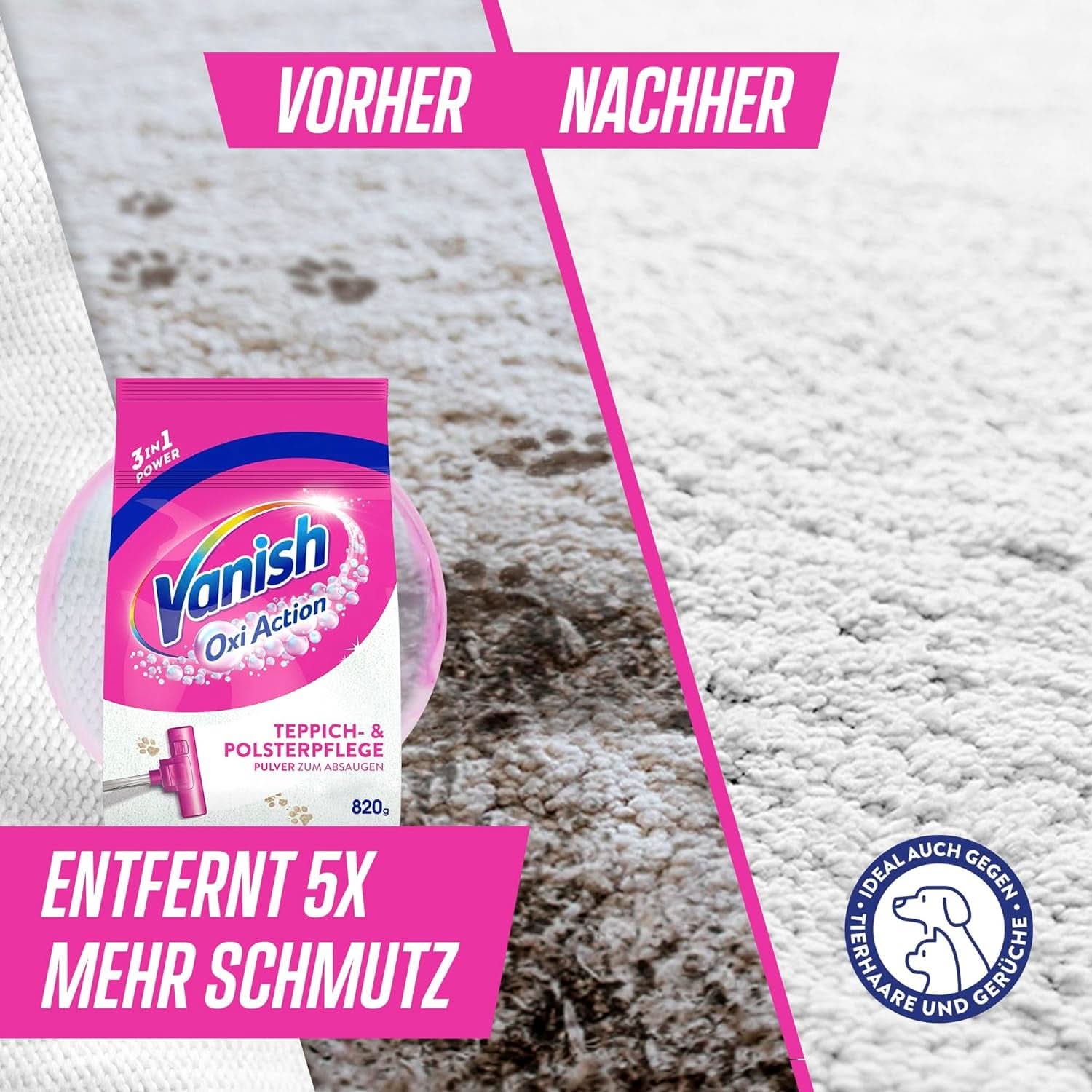 Vanish Oxi Action Polvere Detergente per Moquette e Tappezzeria - 1 X 820 G - Pulisce ampie aree di moquette e tappezzeria da sporco, odori e polvere Detersivi per bucato Naty Shop