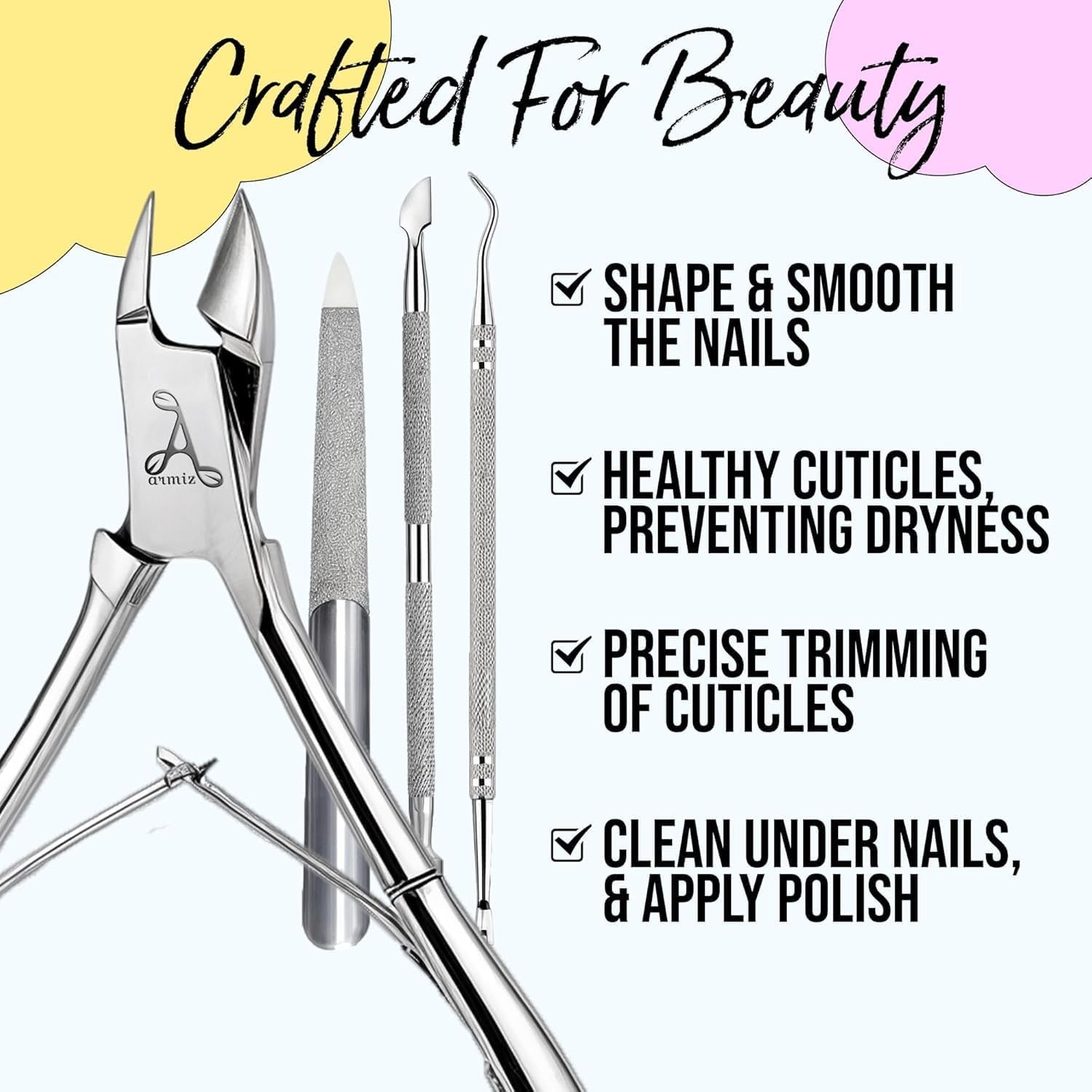 ARMIZ Set de 4 piese pentru împingătorul și cleștele de cuticule, Set profesional de instrumente pentru îndepărtarea cuticulelor, Clește multifuncțional din oțel inoxidabil pentru manichiură și pedichiură