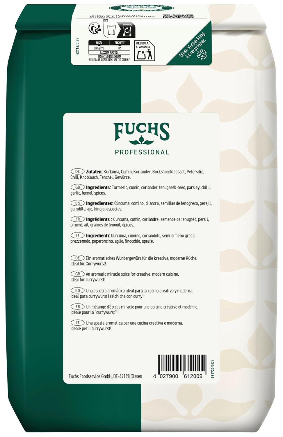 Fuchs Professional - Curry all'inglese "Goldelephant" | Zum Würzen von Suppen, Saucen und Reisgerichten | Profi-Qualität für Großverbraucher und Gastronomie | Sacco riciclabile da 1 kg