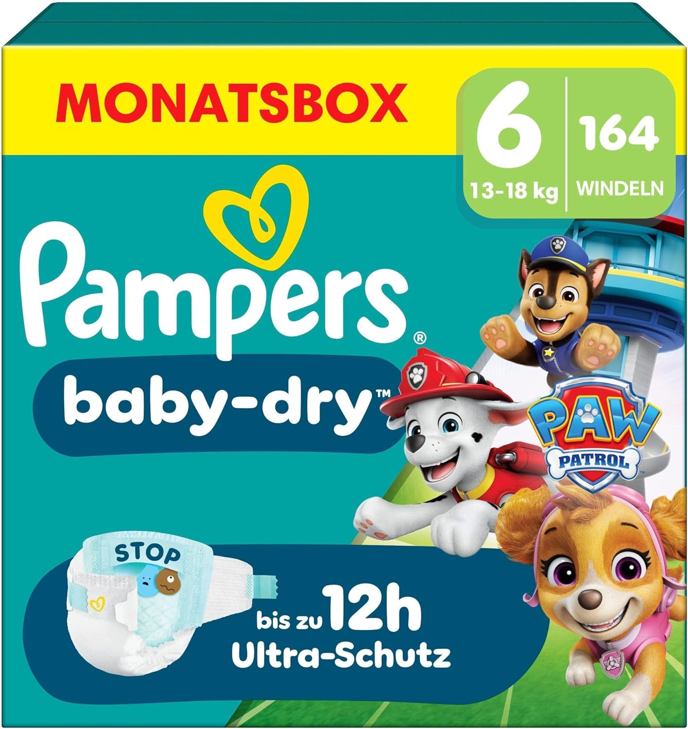 Pannolini Pampers Baby-Dry Puppy Patrol Edition, taglia 6, 164 pannolini, 13 kg - 18 kg, protezione dalle perdite fino al 100% e comfort per tutta la notte