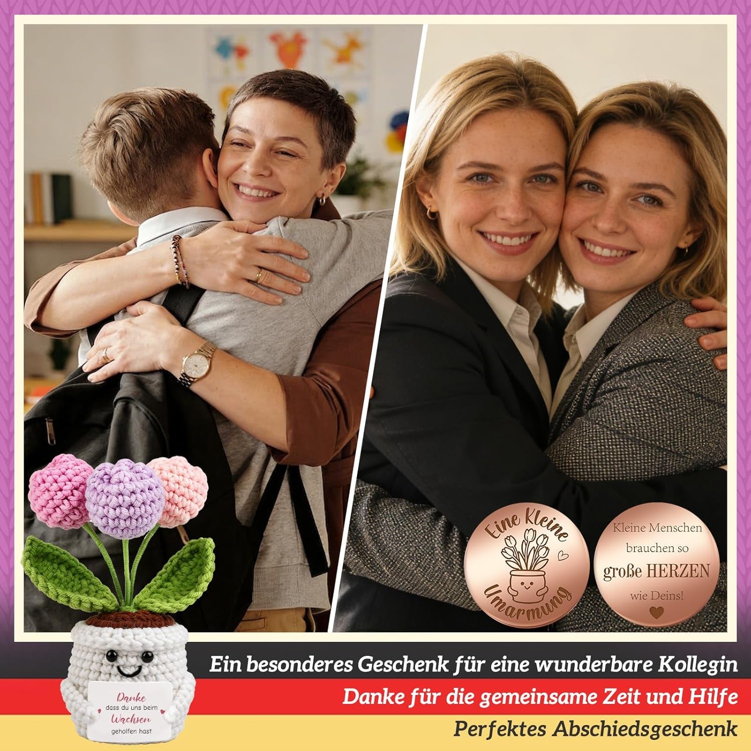 Abschiedsgeschenk Kollegin & Lehrerin Erzieherin - Pocket Hug Tulpen Blumen - Dankeschön Geschenk Für Rente, Jobwechsel & Abschied - Gehäkelte Blumen & Glücksbringer - Schlüsselanhänger