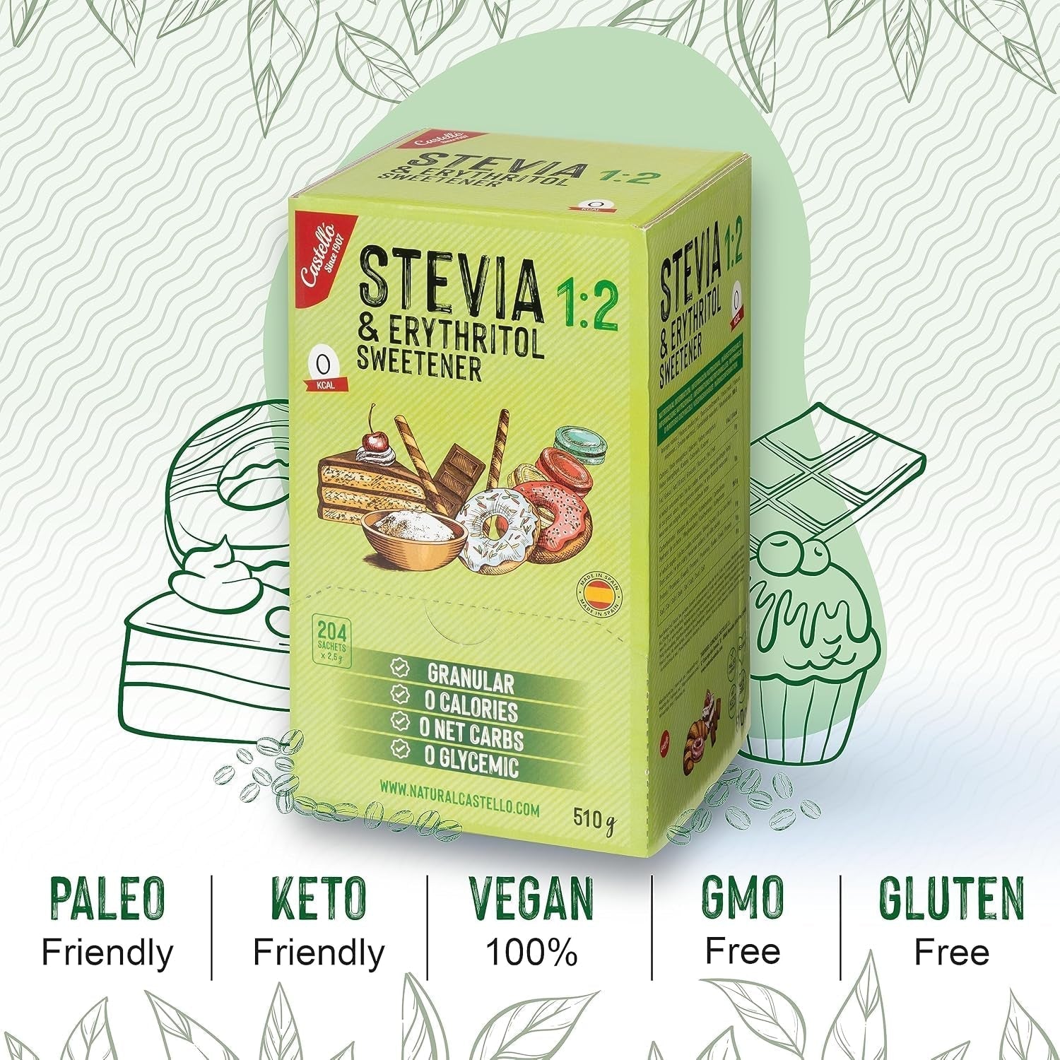 Stevia + eritritolo 1:2 sostanza nutriente | 204 Borsa Mito 2,5 G | 100% Zuckerersatz naturale - 0 Kalorien - 0 Glykämischer Index - Keto und Paleo - 0 Kohlenhydrate - Kein GVO - Castello since 1907-510 G Dolcificanti Naty Shop
