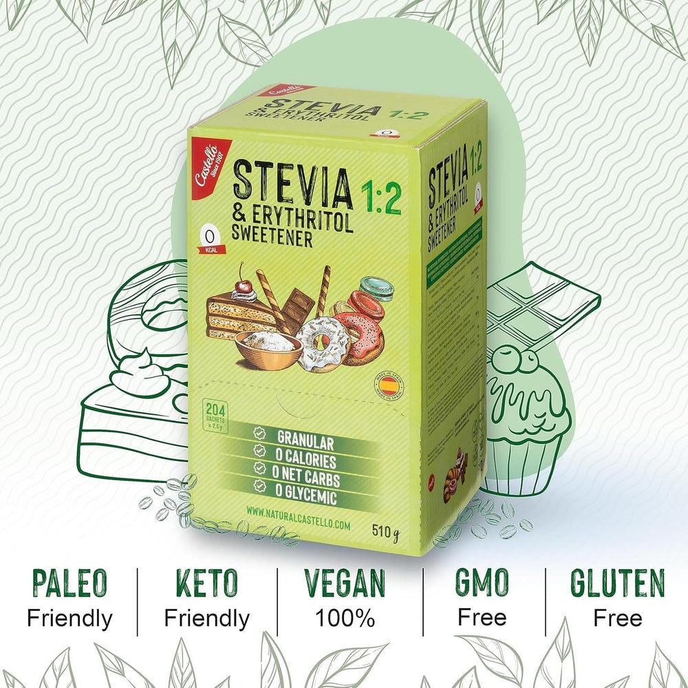 Stevia + eritritolo 1:2 sostanza nutriente | 204 Borsa Mito 2,5 G | 100% Zuckerersatz naturale - 0 Kalorien - 0 Glykämischer Index - Keto und Paleo - 0 Kohlenhydrate - Kein GVO - Castello since 1907-510 G Dolcificanti Naty Shop