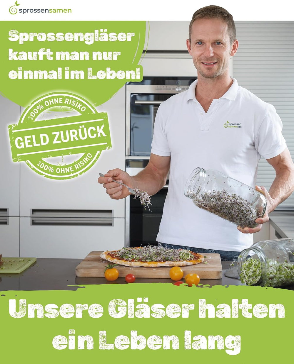 Set di barattoli per la germinazione 3100 ml con set regalo - Organic Fitness Mix, Power Mix e Detox Mix, 75 g ciascuno - Barattolo per la germinazione - incl. coperchio del barattolo, supporto e colino