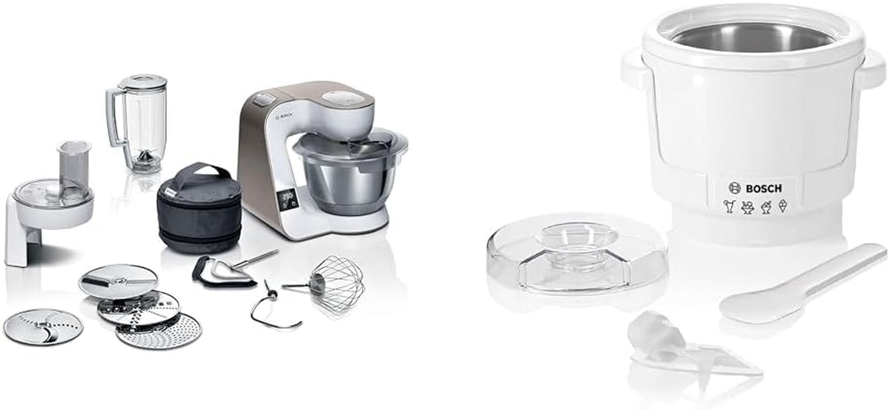 Robot da cucina Bosch Serie 4 MUM5X720, bilancia integrata, ciotola inox 3,9L, mixer 1,25L, 1000W Accessori Alimenti e Allattamento Bebe Naty Shop Confezione con fabbricatore di ghiaccio Bianco Champagne 2 accessori