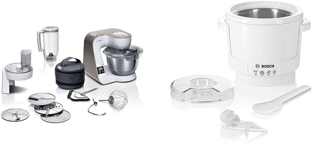 Robot da cucina Bosch Serie 4 MUM5X720, bilancia integrata, ciotola inox 3,9L, mixer 1,25L, 1000W Accessori Alimenti e Allattamento Bebe Naty Shop Confezione con fabbricatore di ghiaccio Bianco Champagne 2 accessori