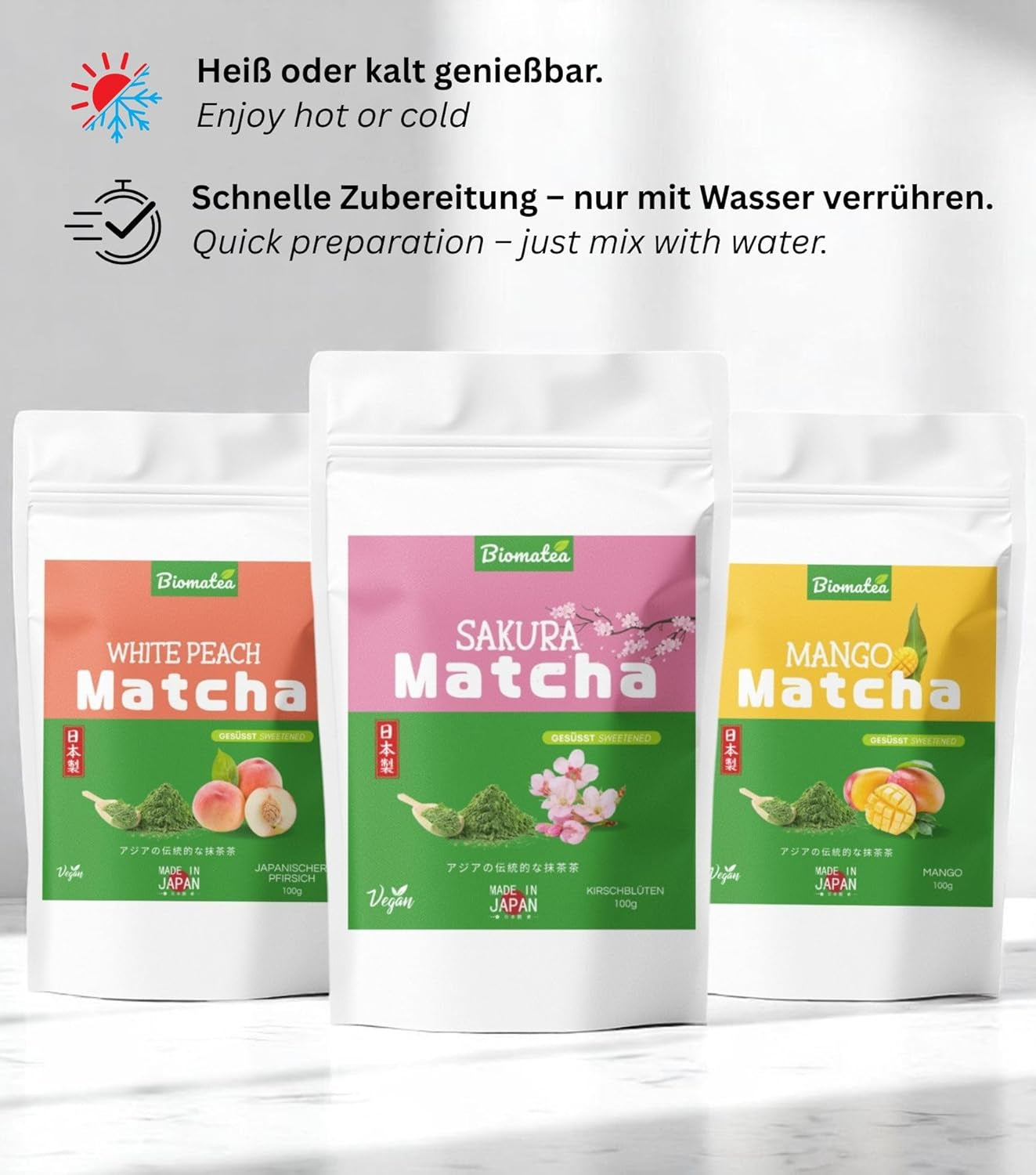 Pudră Matcha aromatizată – piersică japoneză, sakura sau mango – îndulcită – 100 g – solubilă instantaneu în apă sau lapte (Sakura)