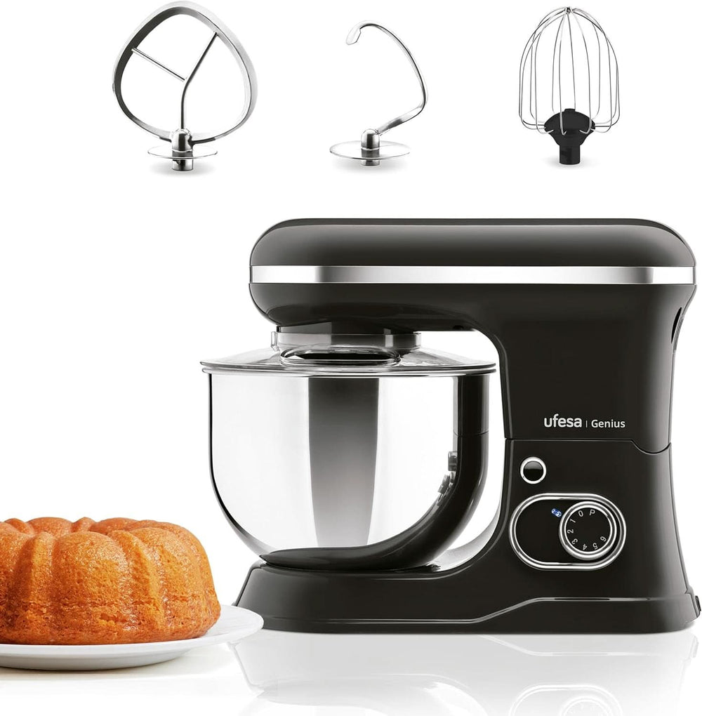 Ufesa Genius 5-in-1 Küchenmaschine Für Professional Bakewaren, 1200W, 5L, Multifunktions-Küchenroboter, Edelstahl-Schüssel, 6 Geschwindigkeiten + Turbo, 3 Zubehörteile Enthalten, Bpa-Frei Mother und Copilul Naty Shop Schwarz / Edelstahl