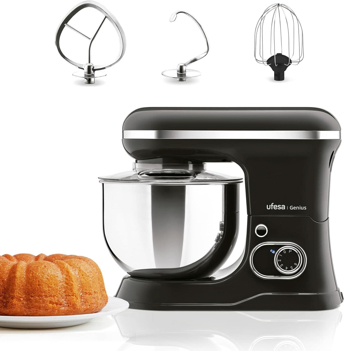 Ufesa Genius 5-in-1 Küchenmaschine Für Professional Bakewaren, 1200W, 5L, Multifunktions-Küchenroboter, Edelstahl-Schüssel, 6 Geschwindigkeiten + Turbo, 3 Zubehörteile Enthalten, Bpa-Frei Mother und Copilul Naty Shop Schwarz / Edelstahl