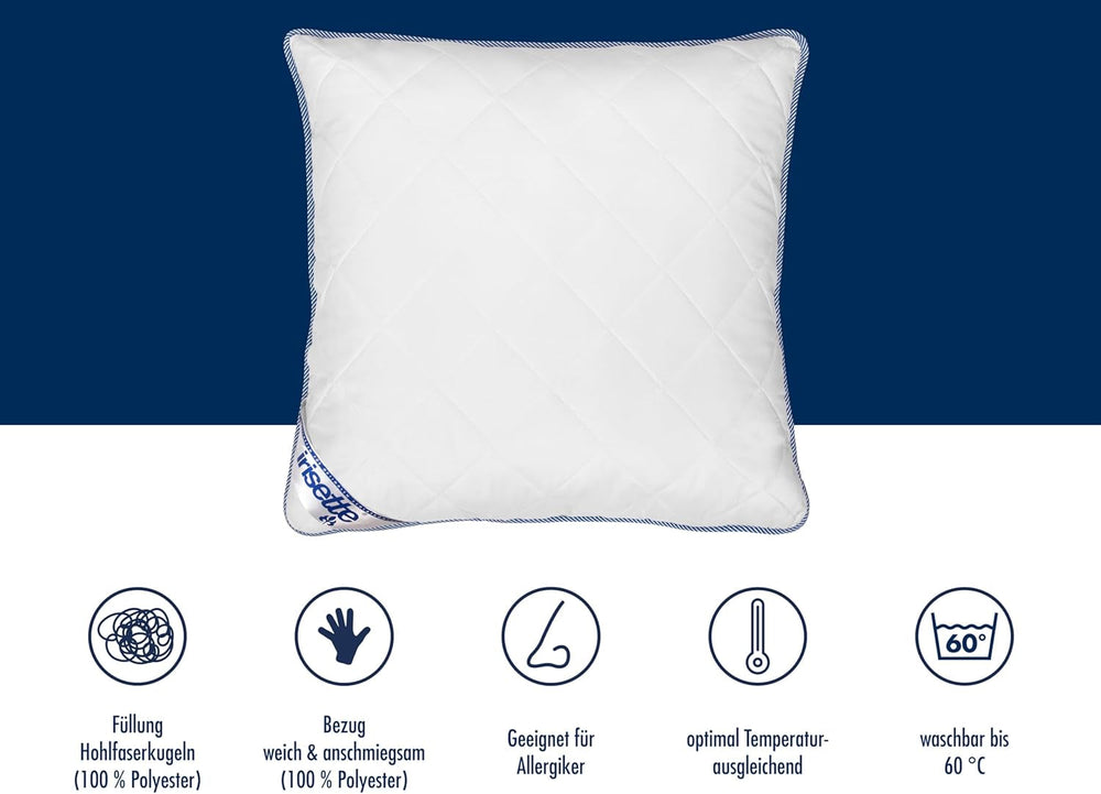 Pernă Irisette Body Contour 80X80 Cm cu husă detașabilă din microfibră moale, lavabilă până la 60°C, alb/albastru, certificată Oeko-Tex, produsă conform standardului de calitate german Perne standard Naty Shop