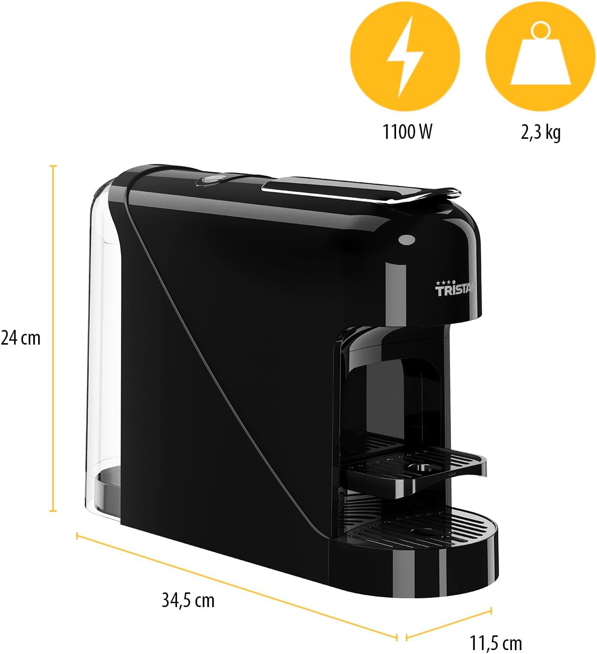 Espressor cu capsule Tristar - Compatibil cu capsulele Nespresso - Tavă de scurgere detașabilă - Rezervor de apă detașabil, spațios, de 900 ml - Presiune 20 bar - 1400 W - CM-2300