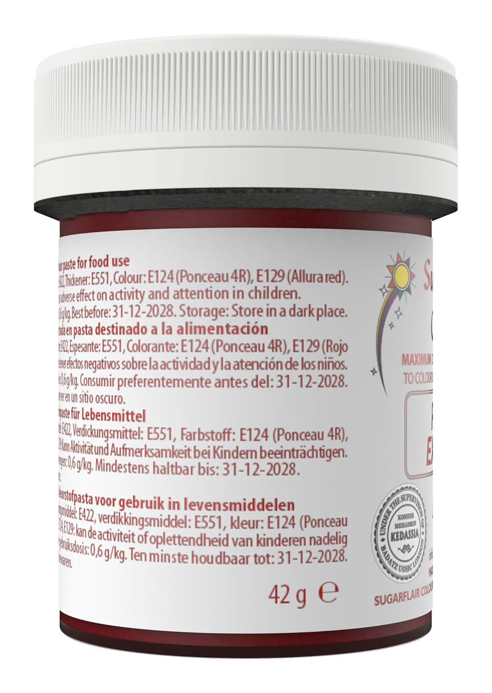 Colorant alimentar Sugarflair Max Concentrated Red Extra, colorant alimentar foarte concentrat pentru marțipan și fondant, colorant pastă Max Concentrate - 42 g