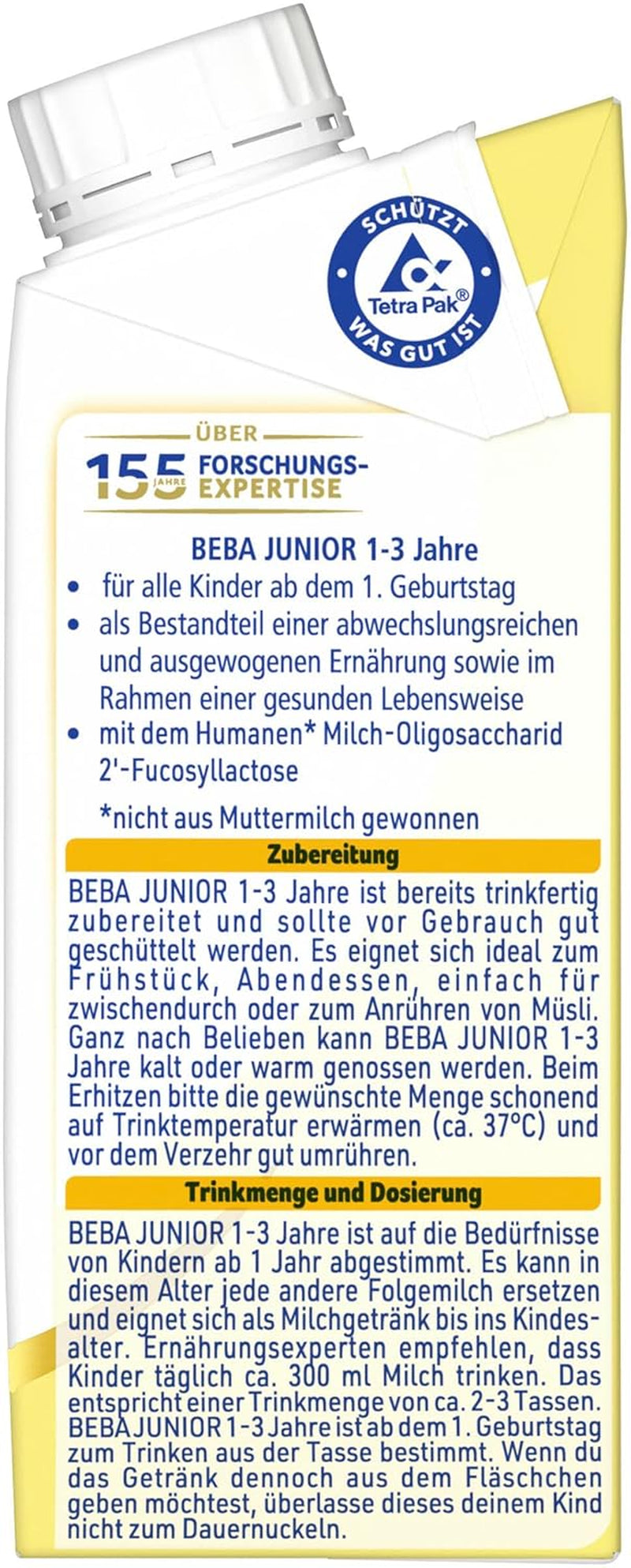 BEBA Junior, bevanda a base di latte pronta da bere per 1-3 anni, con HMO, contenuto proteico adeguato all'età, senza olio di palma, senza olio di pesce, alimenti per bambini, confezione da 6 (6 x 200 ml)