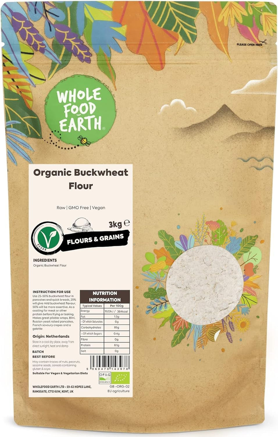Farina di grano saraceno biologica Wholefood Earth 1kg | Crudele | Non OGM | Vegano | Certificato biologico