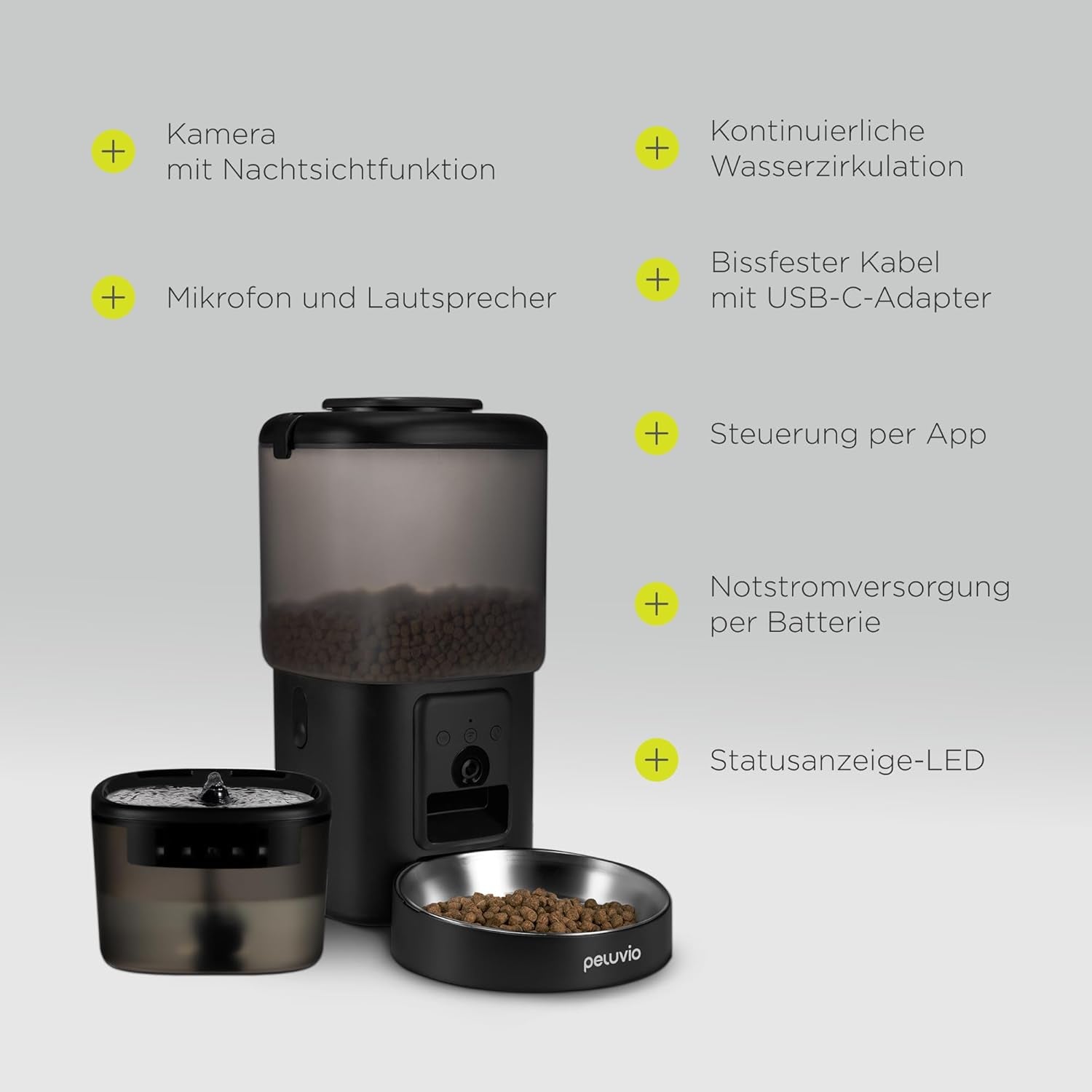 Feast Automatische Futterautomat Katze mit App und Kamera, Live-Video mit Nachtsicht und Zwei-Wege-Audio, Portionskontrolle, Edelstahl-Napf, Katzen Trinkbrunnen mit Filter, 4.5 l und 2.5 l