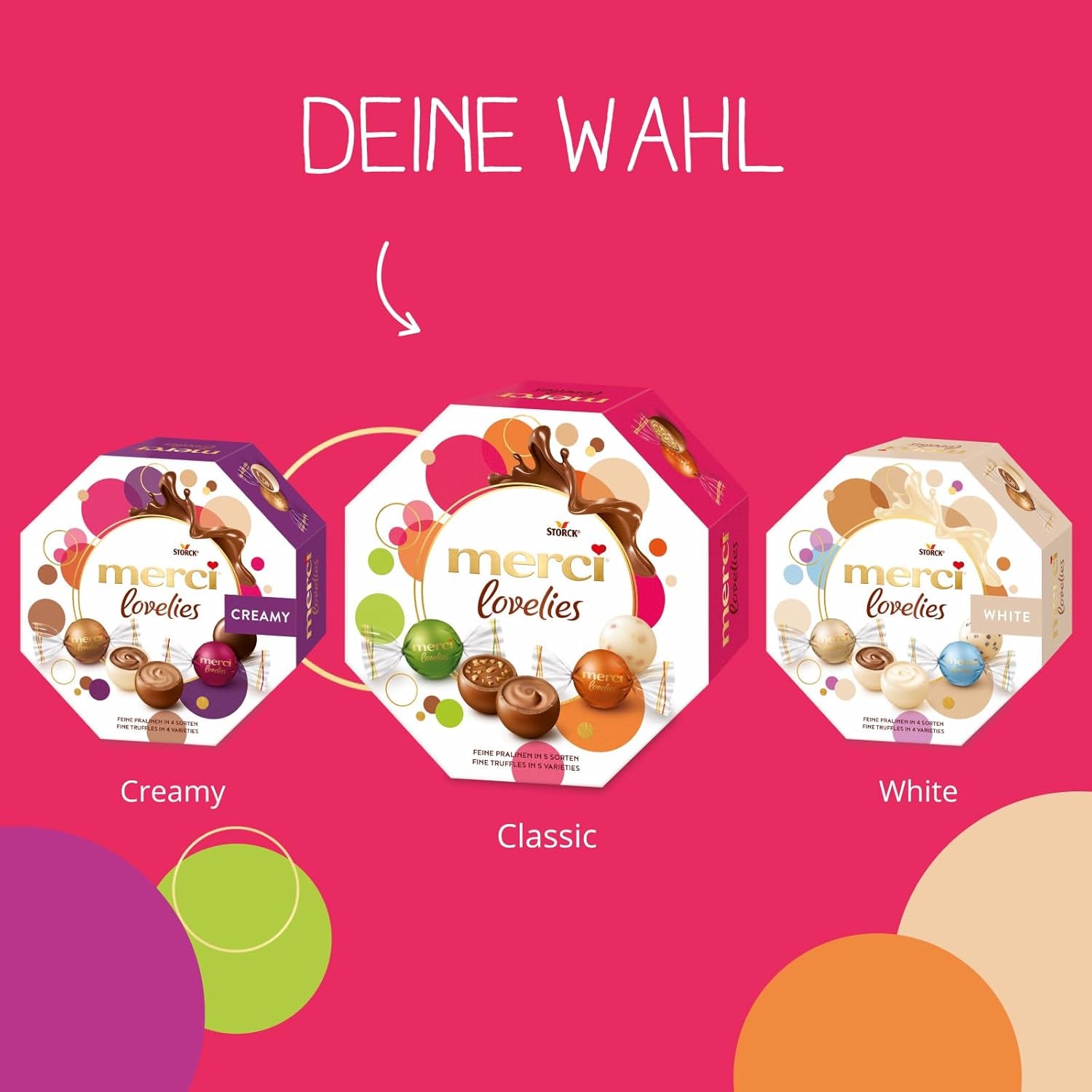 merci lovelies Classic – 1 x 185g – Scatola di praline con 5 specialità di cioccolato ripiene – Palline di cioccolato da condividere e regalare