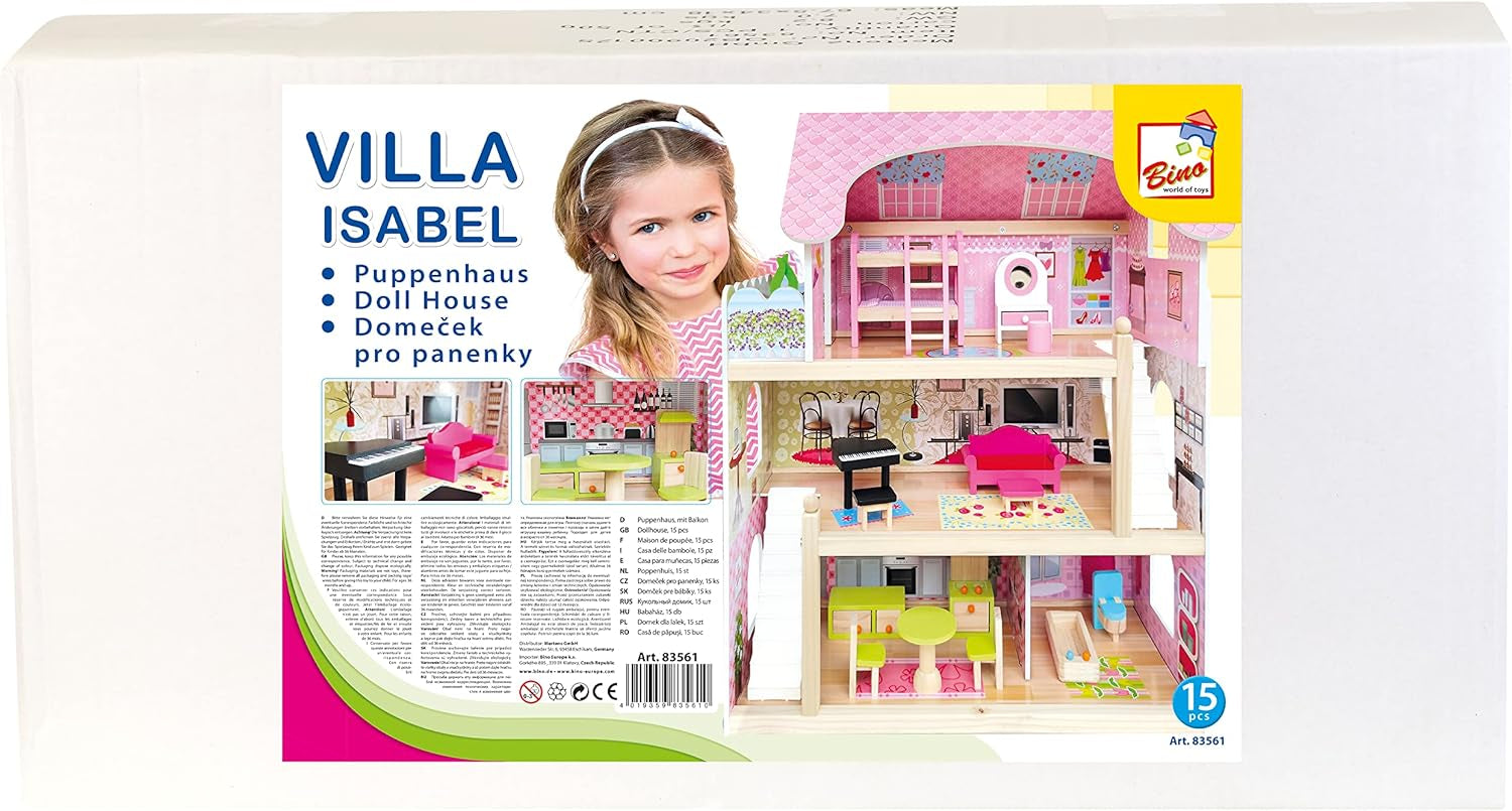 Bino World of Toys Casă de păpuși cu balcon, Jucărie pentru copii mici de la 3 ani, cu 3 etaje, scări, 4 camere și balcon incl. 15-TLG. Accesorii, Pentru a promova abilitățile copiilor, Design roz Casute de papusi Naty Shop