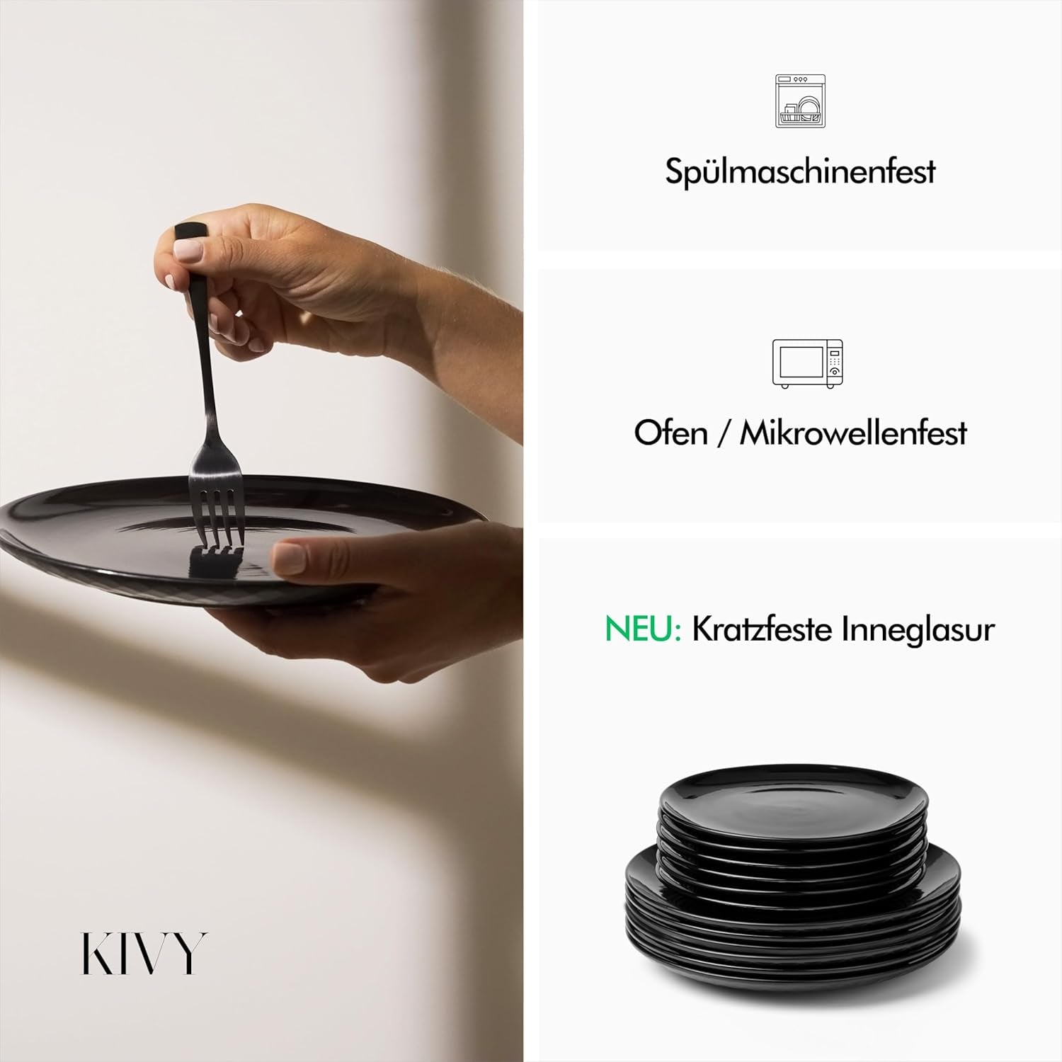 KIVY Geschirrset 6 Personen[Kratz & Spülmaschinenfest] 6x27cm + 6x22cm - Teller Set 12-teilig modern - Geschirr Set - Kombiservice - Geschirrset - Teller Set Schwarz - Teller Schwarz Matt