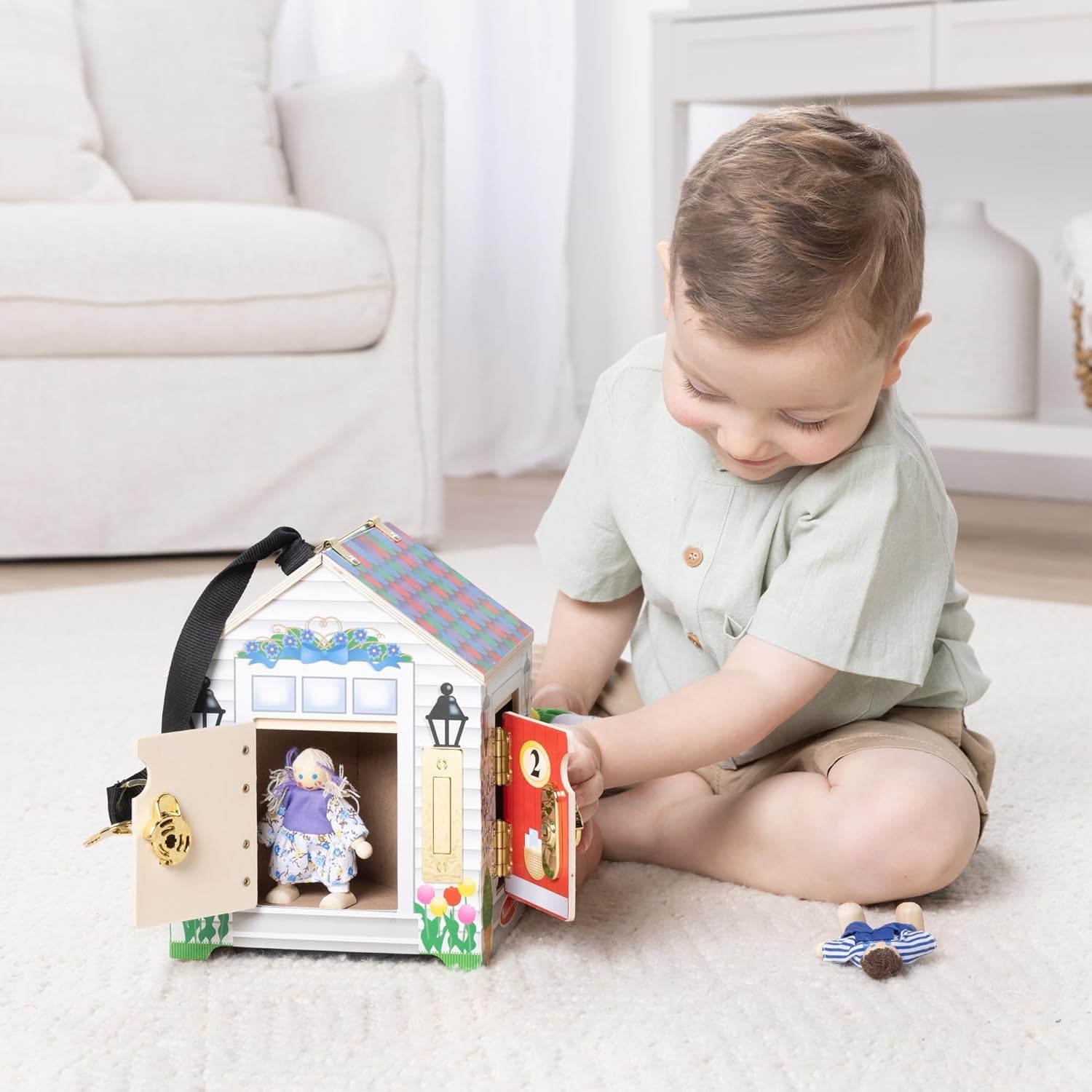 Melissa & Doug - Casă de păpuși din lemn cu sunete de sonerie, multicoloră, potrivită pentru vârste de 3 ani și peste, băieți și fete