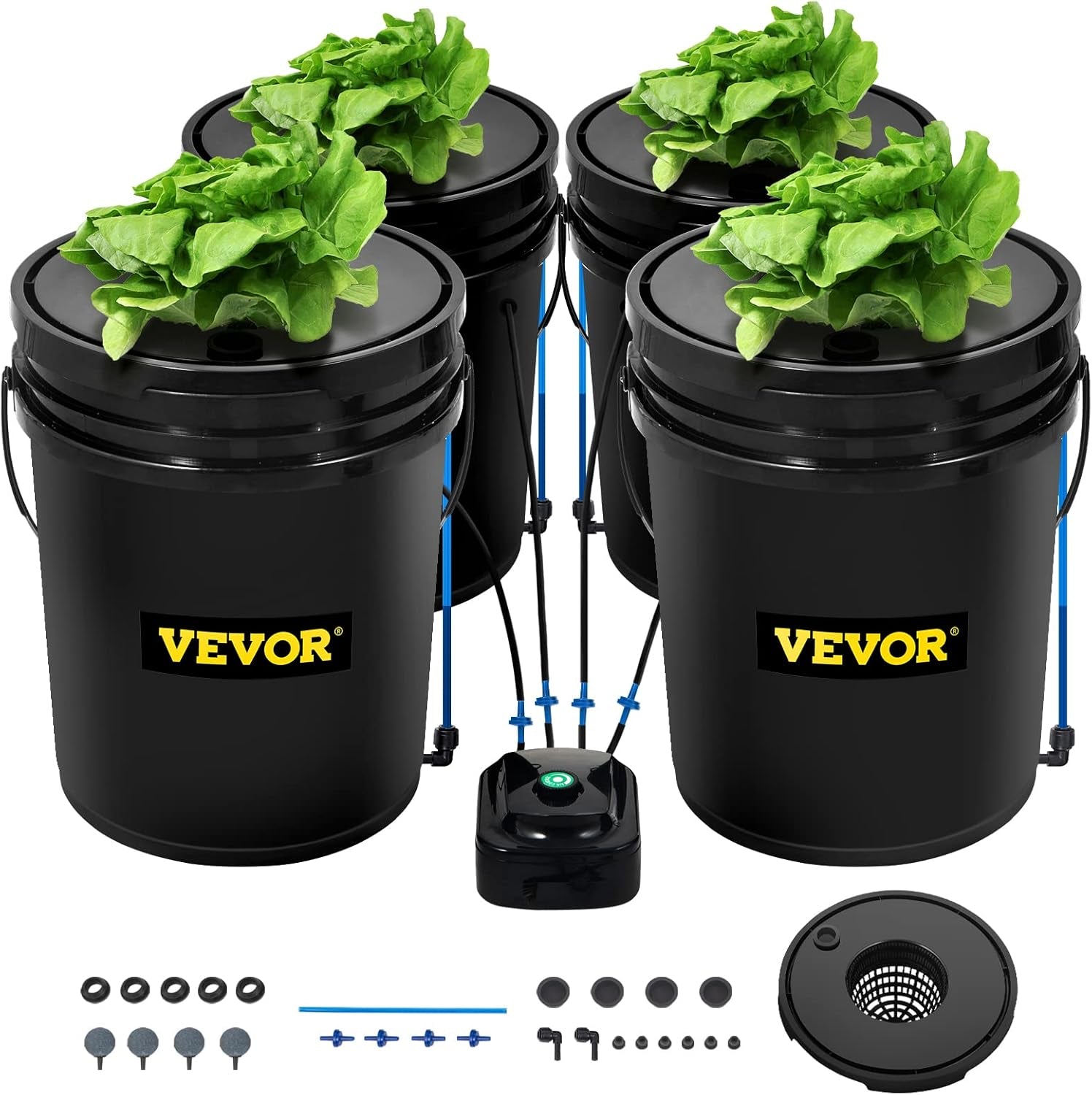 VEVOR DWC Sistema di Coltivazione Idroponica Kit Drip Pot Sistemi di Coltivazione Idroponica Coltivazione in Acque Profonde 4 Secchi da 20 Litri con Pompa ad Aria Pietre porose e Indicatore del Livello dell'Acqua per Verdure a Foglia Verde