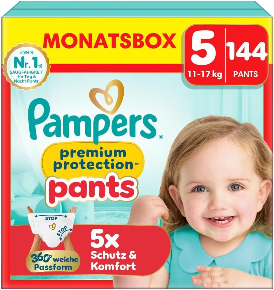 Pantaloni di protezione Premium Pampers taglia 7, 123 pannolini, 15 kg+, con regolazione a 360° e polsini morbidi anti-perdite per comfort e protezione ottimali