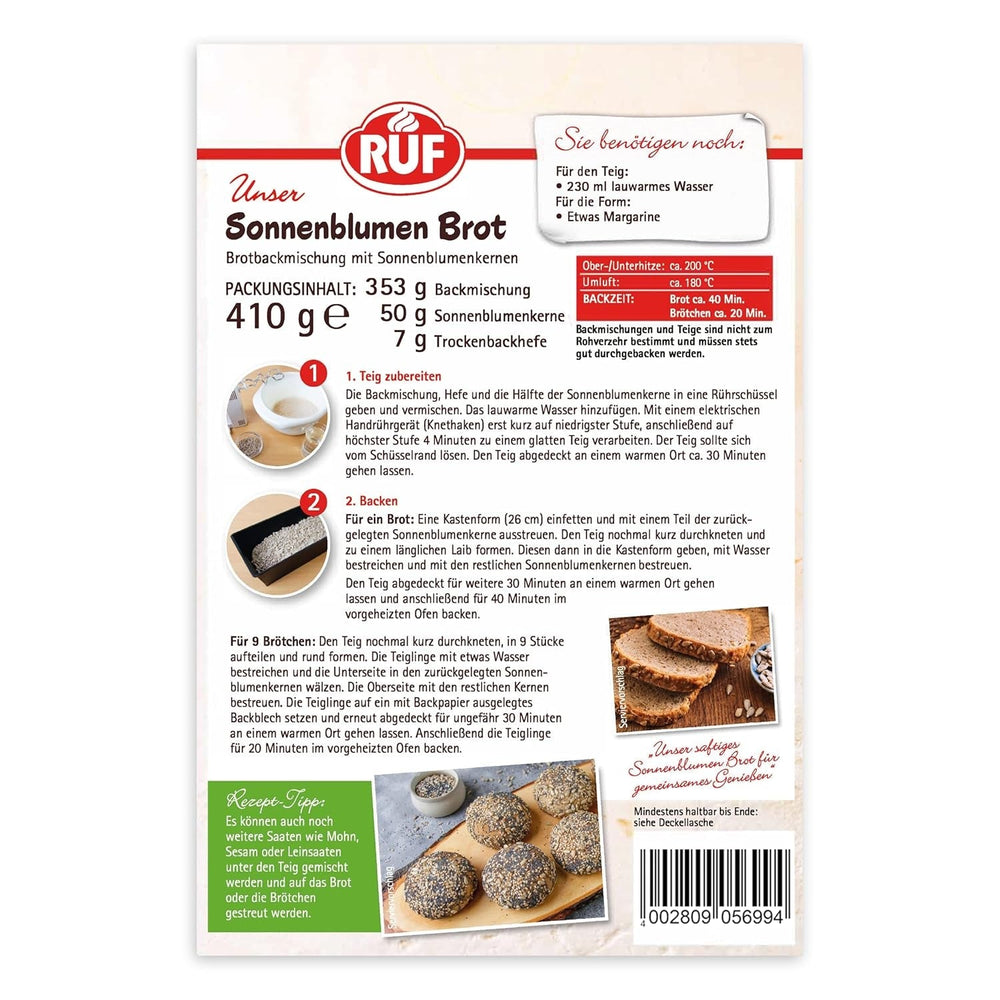 RUF Sonnenblumen Brot, Nur Wasser Addenden, Brotbackmischung Mit Sonnenblumenkernen, Brotteigmischung Mit Roggen-Sauerteig Und Hefe Für Sonnenblumenkernbrot, 1 X 410G Naty Shop