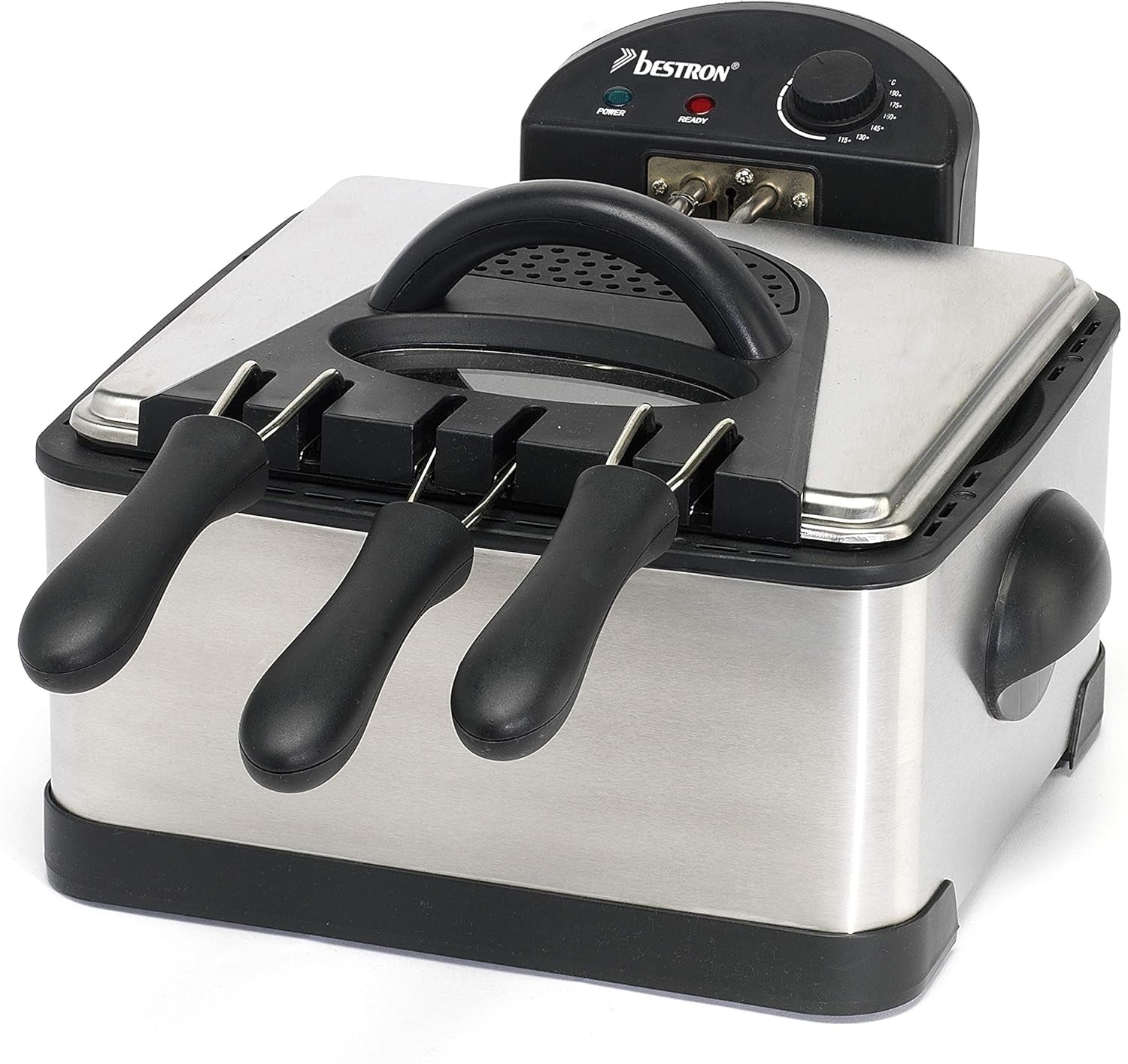 Friggitrice ad Olio Bestron XL con 3 Cestelli, Inclusa Tecnologia Cold Zone e Serbatoio Olio Estraibile, 4 Litri, 2000 W Elettrodomestici Naty Shop Silver