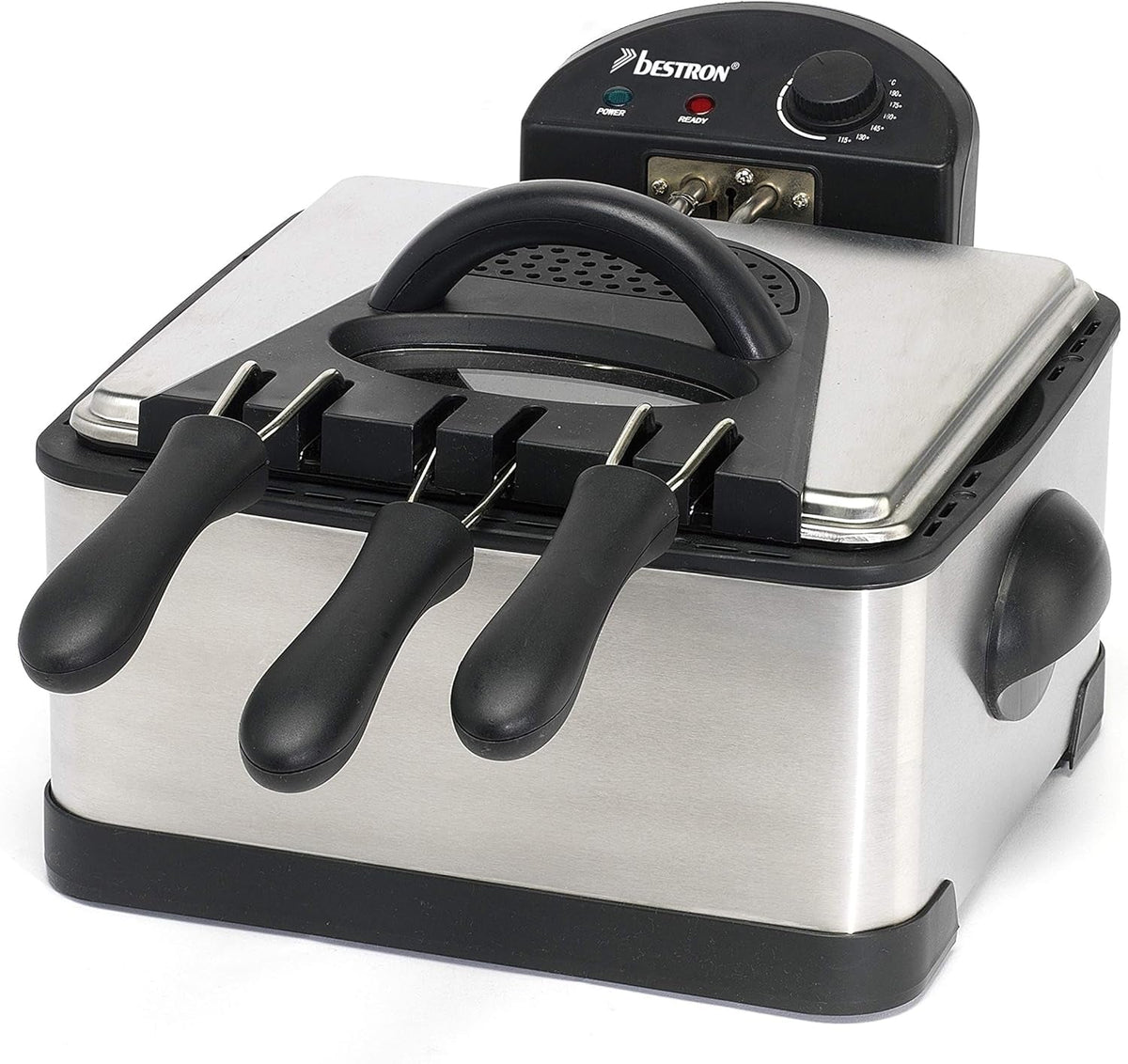 Friggitrice ad Olio Bestron XL con 3 Cestelli, Inclusa Tecnologia Cold Zone e Serbatoio Olio Estraibile, 4 Litri, 2000 W Elettrodomestici Naty Shop Silver