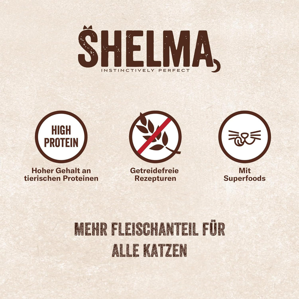 Shelma Katzen-Nassfutter mit Lachs in Sauce und Spirulina – Getreidefreies Alleinfuttermittel mit hohem Fleischanteil – 28 x 85 g (2,4 kg)