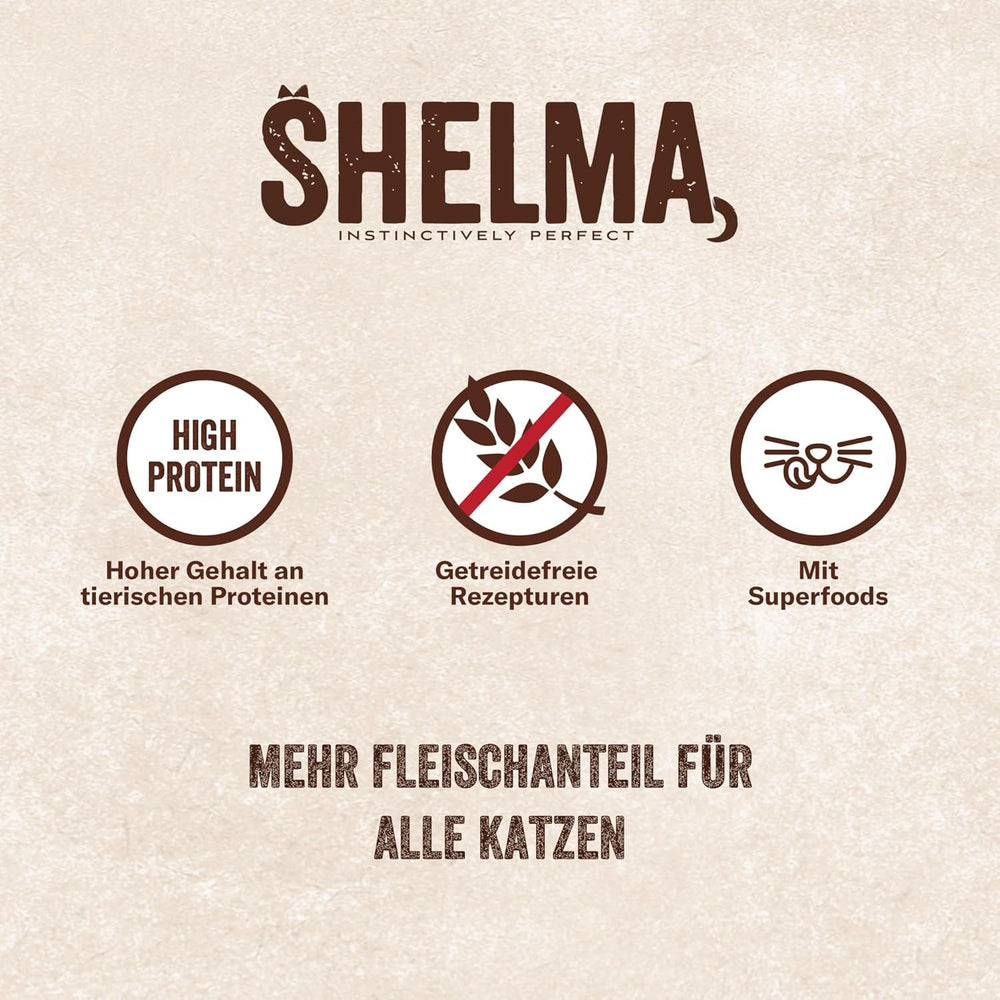 Hrană umedă pentru pisici Shelma cu curcan în sos cu roșii și ierburi – Hrană completă fără cereale cu conținut ridicat de carne – 28 x 85 g (2,38 kg)